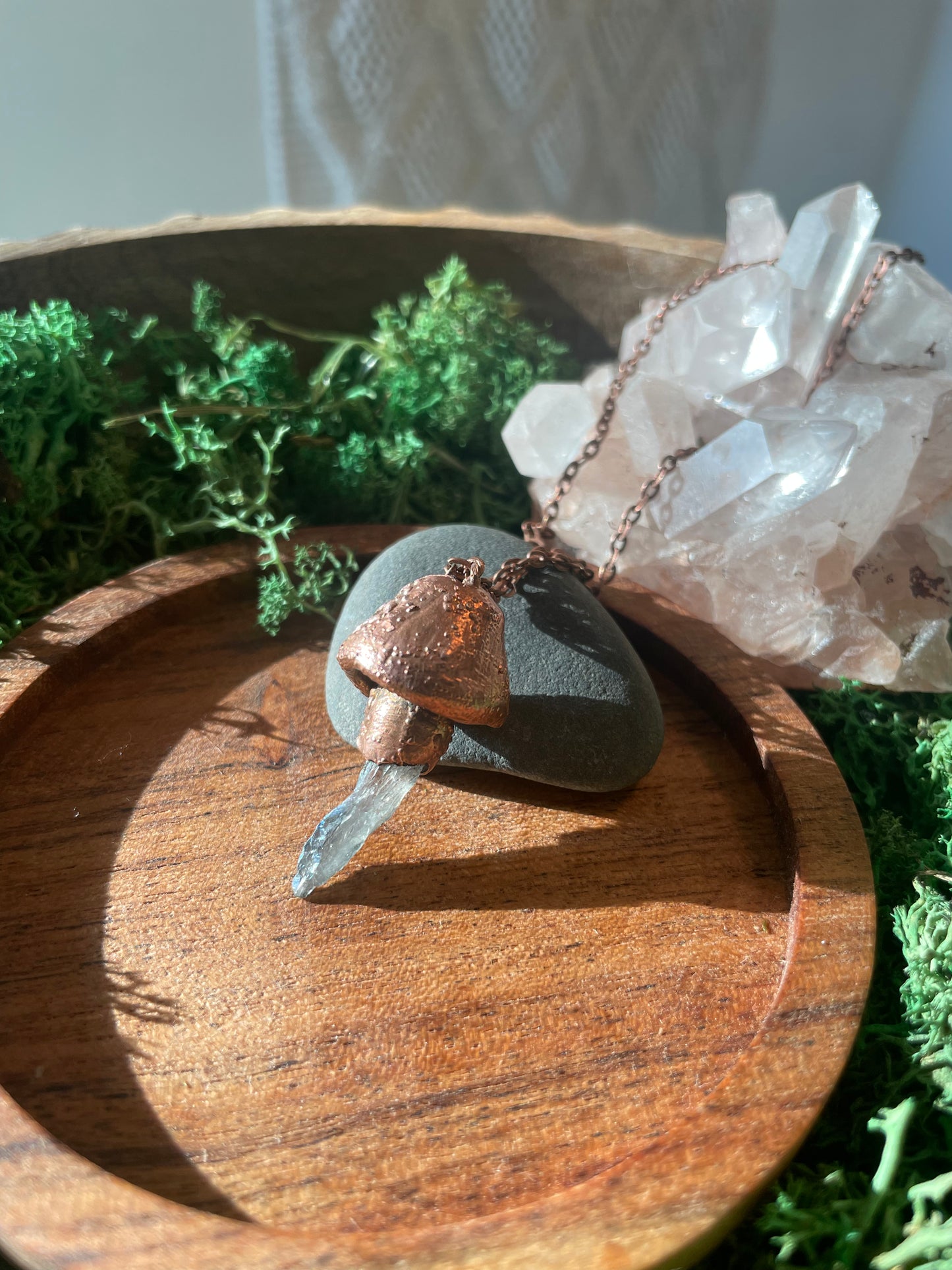 Electroformed Copper Mushroom with Smokey Blue Quartz Stem Necklace