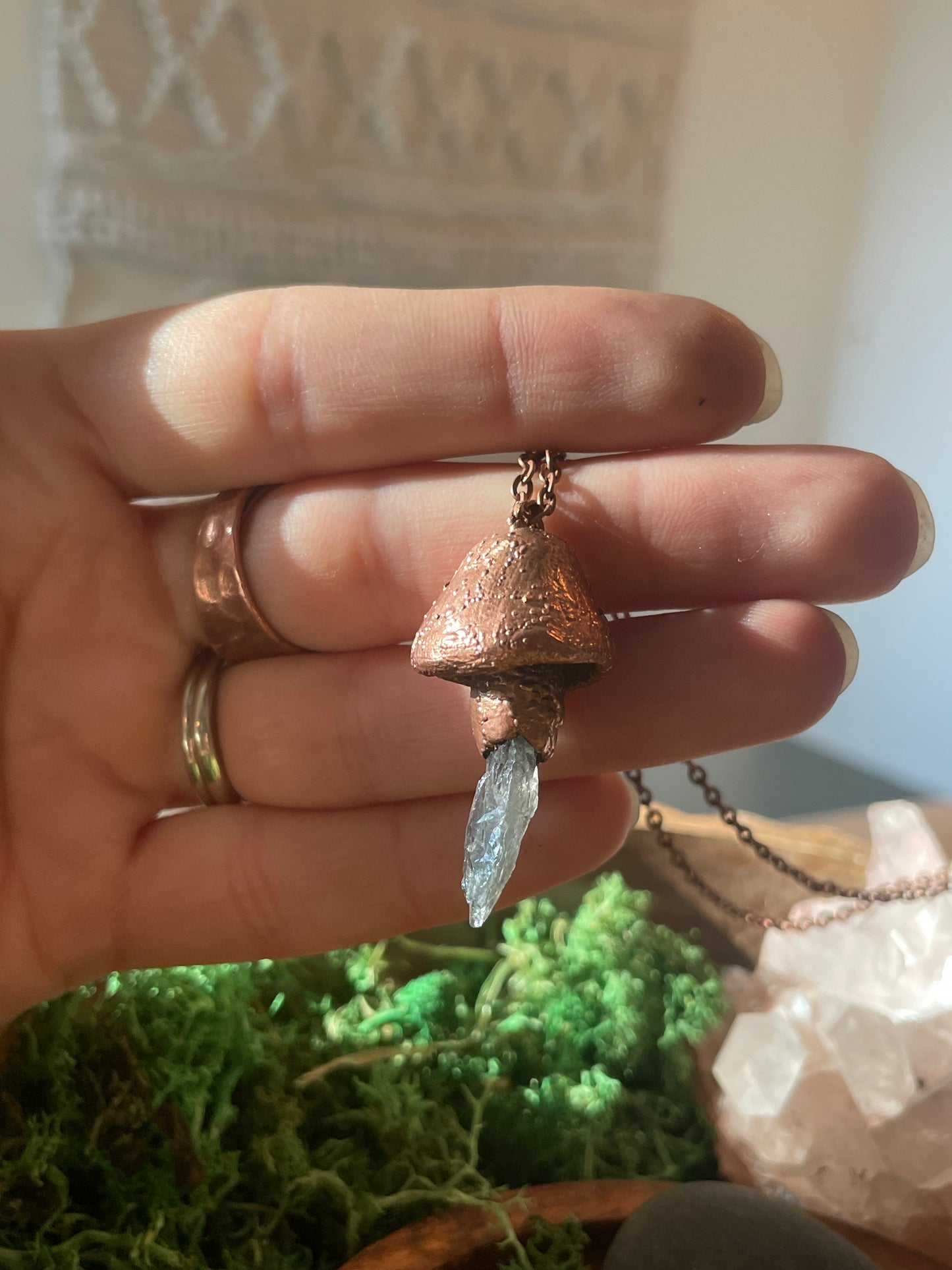 Electroformed Copper Mushroom with Smokey Blue Quartz Stem Necklace