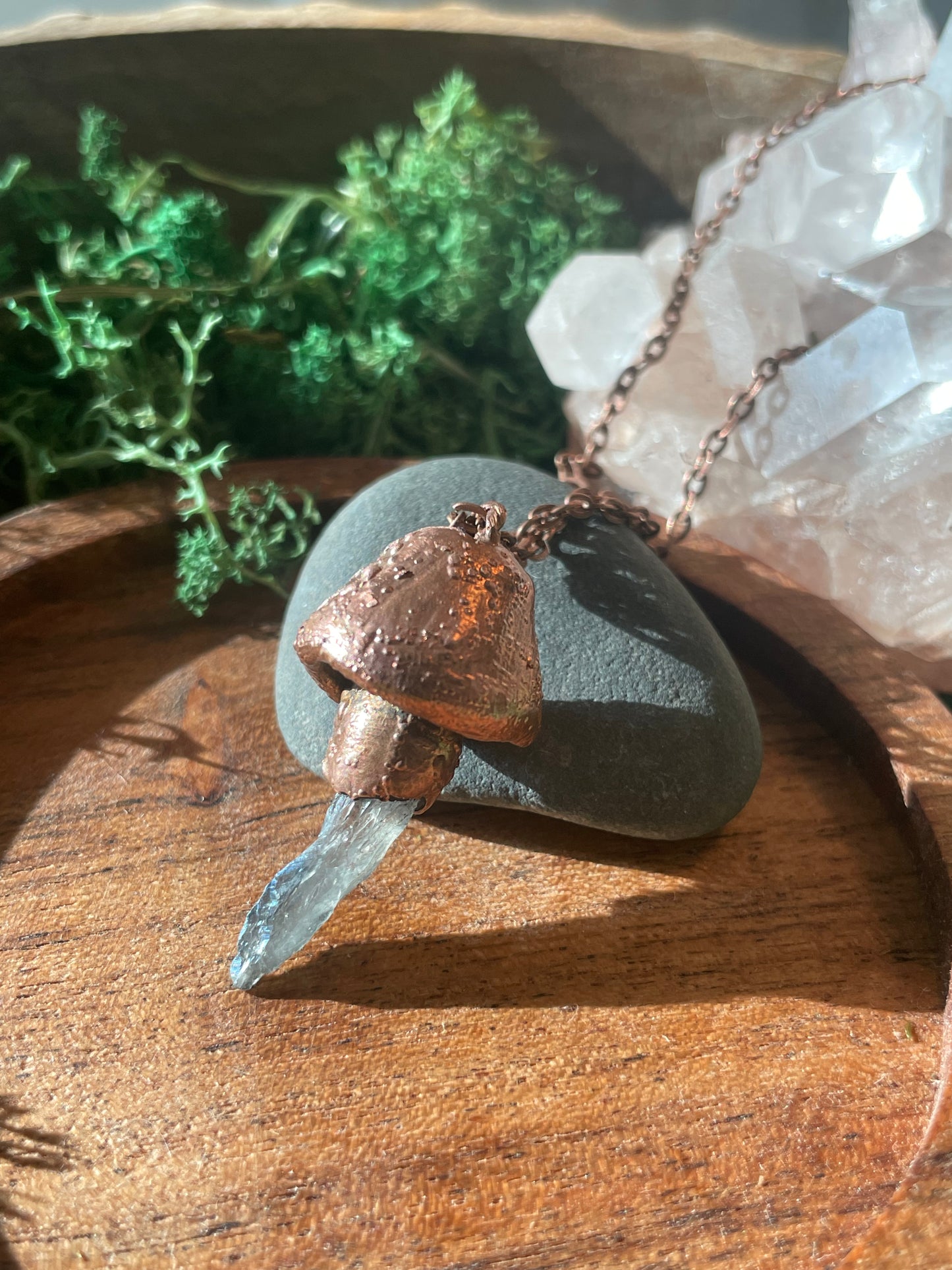 Electroformed Copper Mushroom with Smokey Blue Quartz Stem Necklace