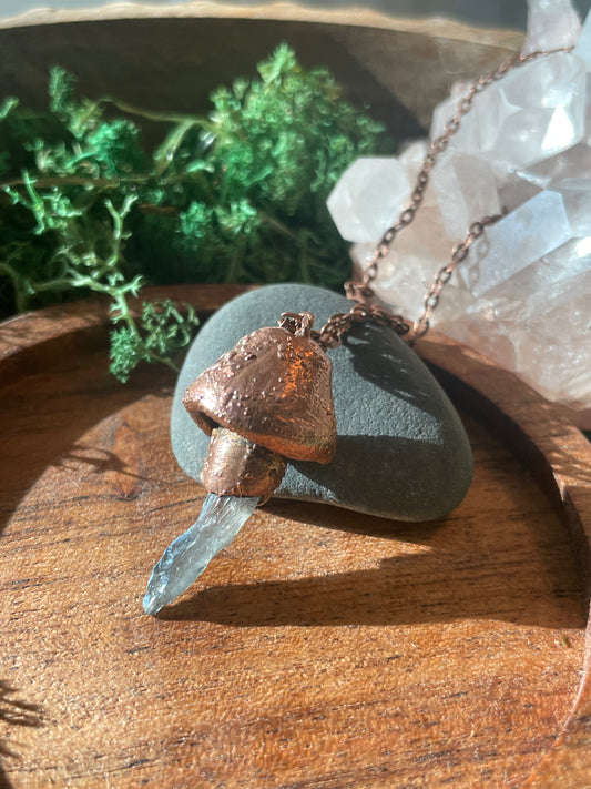 Electroformed Copper Mushroom with Smokey Blue Quartz Stem Necklace