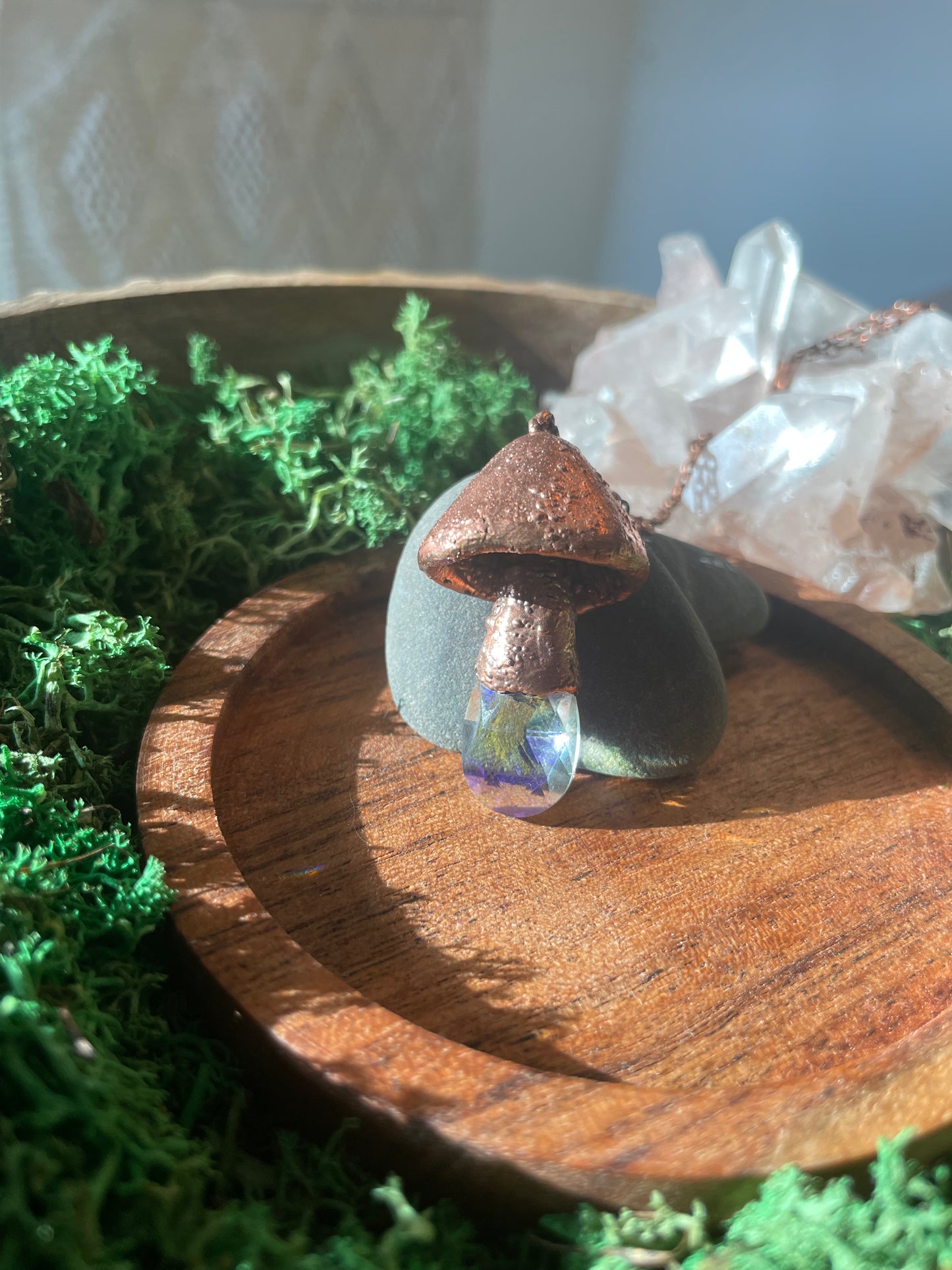 Electroformed Copper Mushroom with Glass Prism Stem Necklace