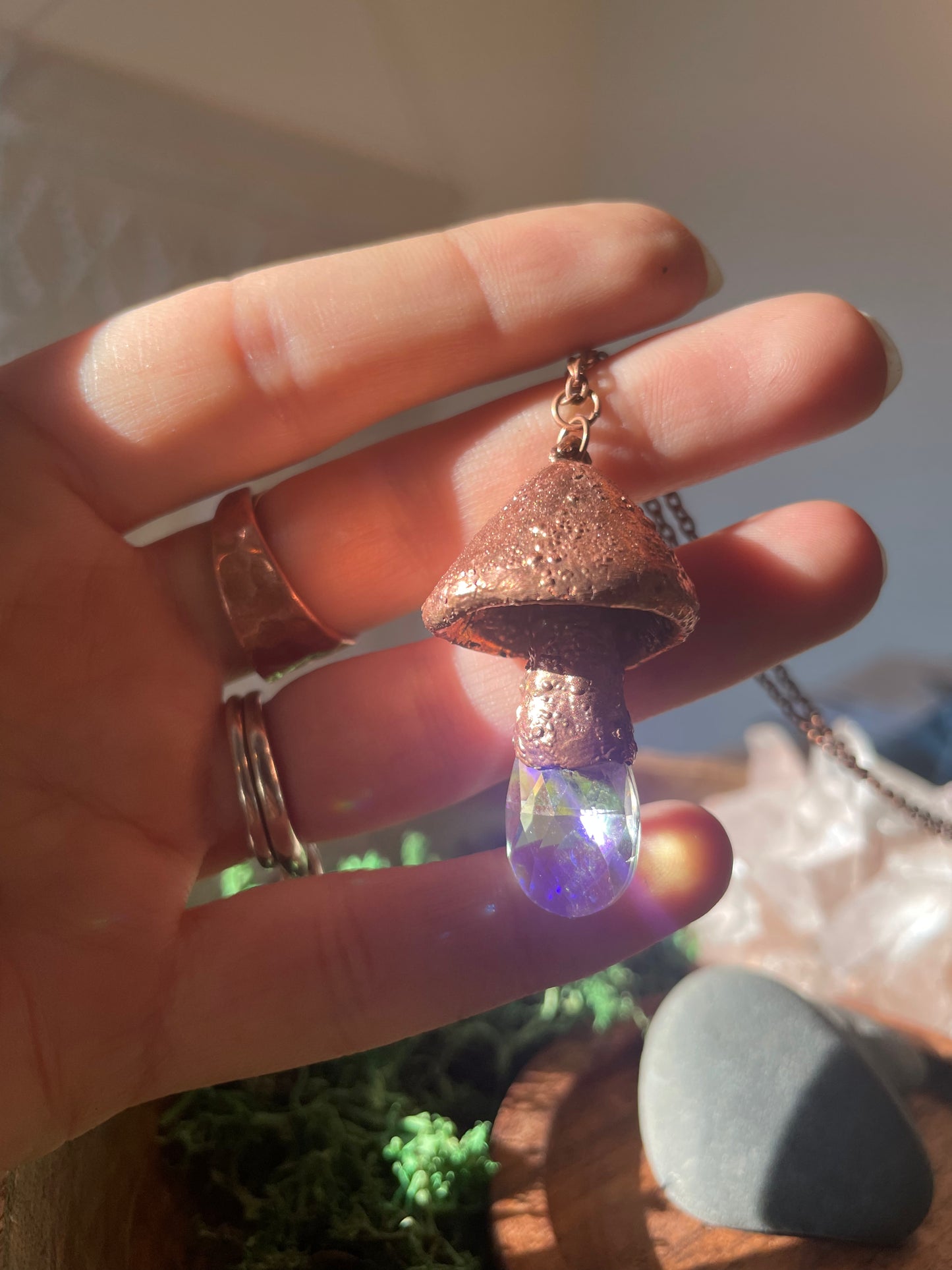 Electroformed Copper Mushroom with Glass Prism Stem Necklace
