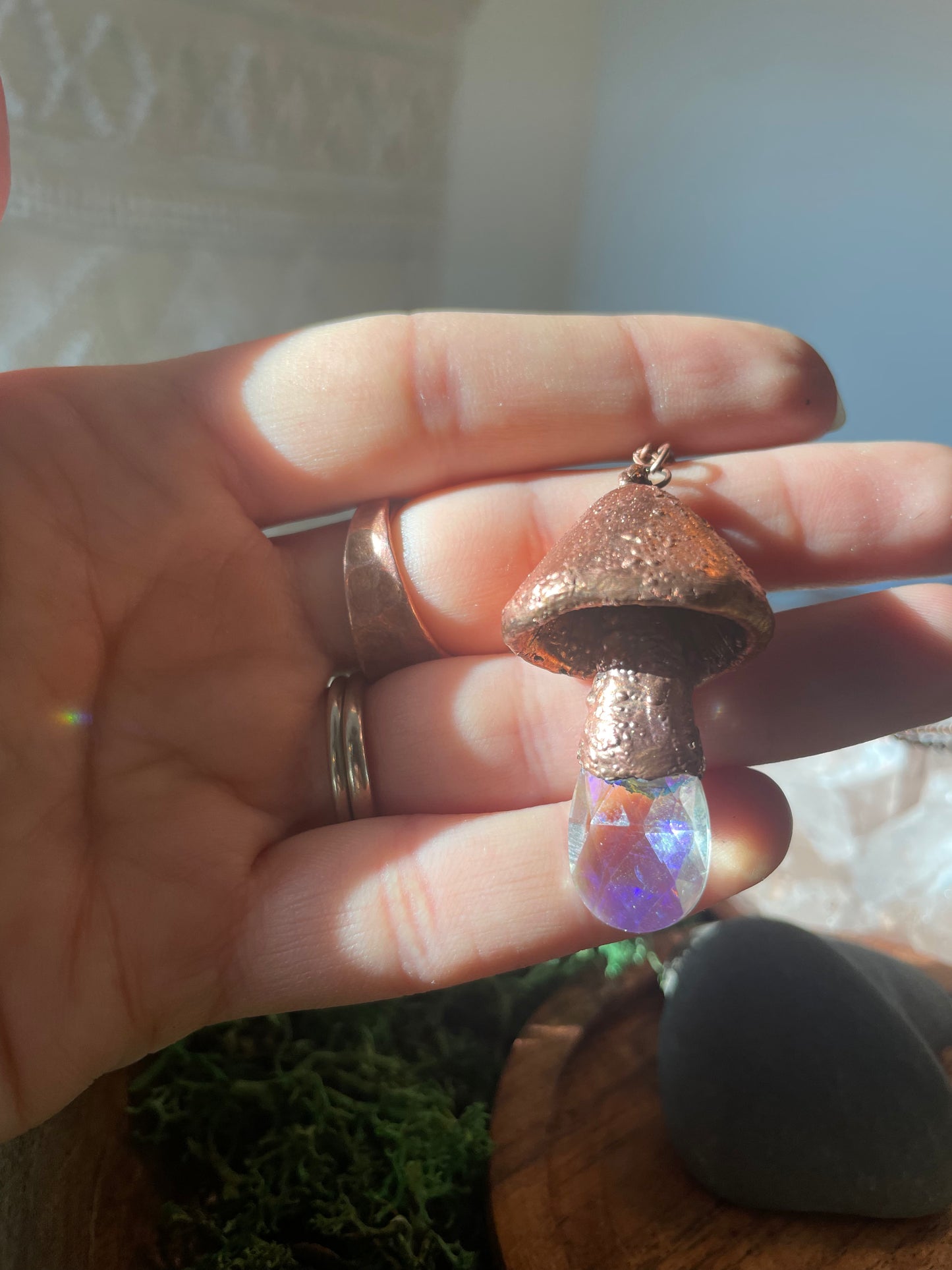 Electroformed Copper Mushroom with Glass Prism Stem Necklace