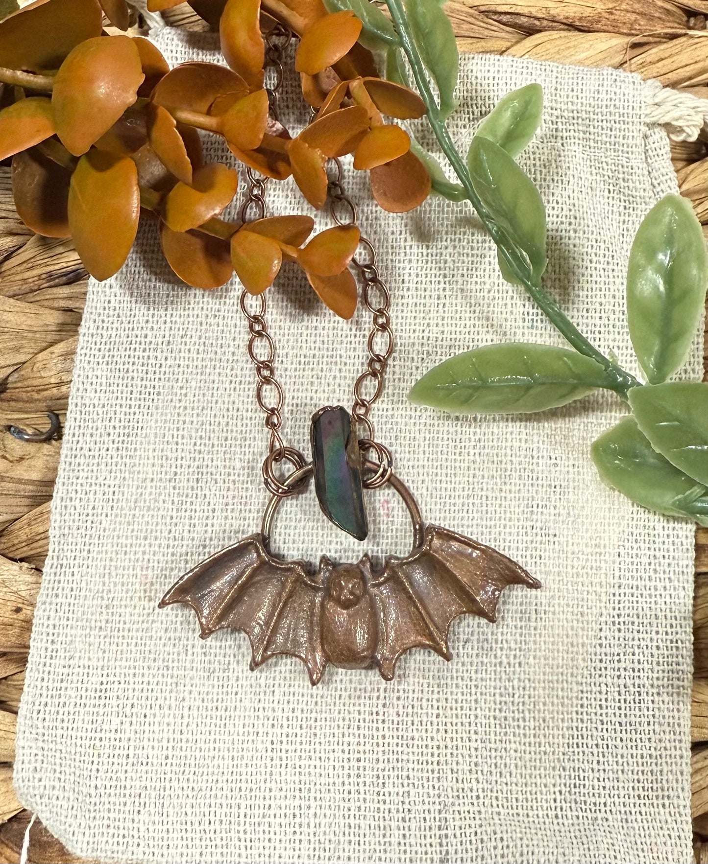 Electroformed Copper Bat with Aura Quartz Necklace