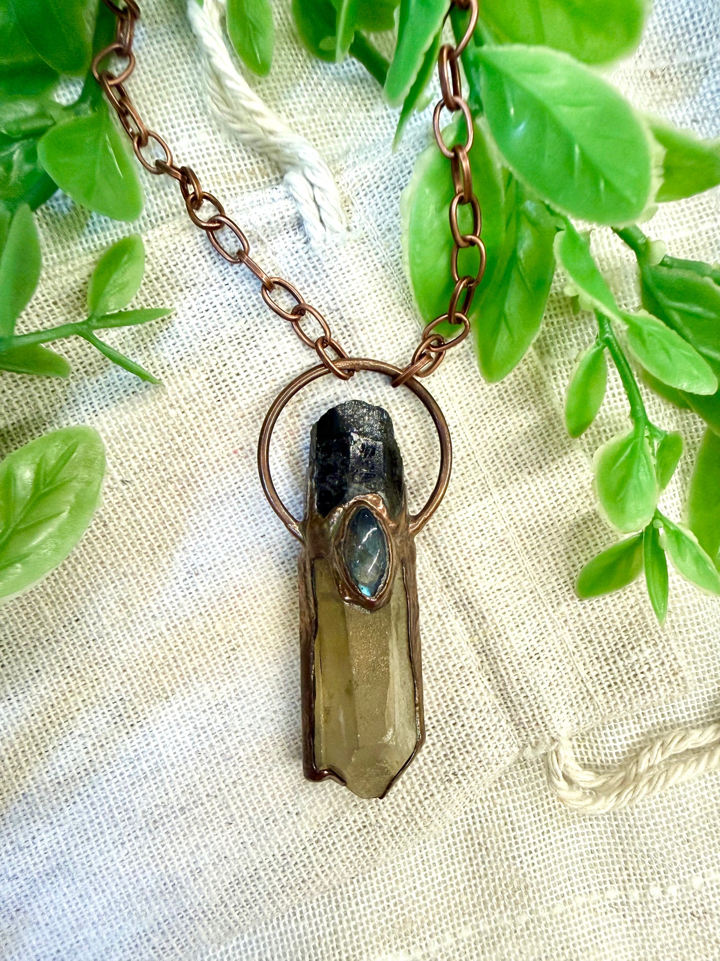 Electroformed Copper Black Tourmaline/Labradorite/Smokey Quartz Necklace