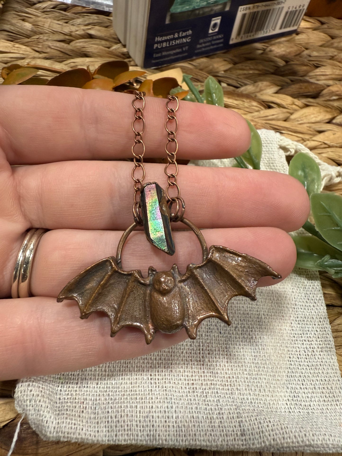 Electroformed Copper Bat with Aura Quartz Necklace