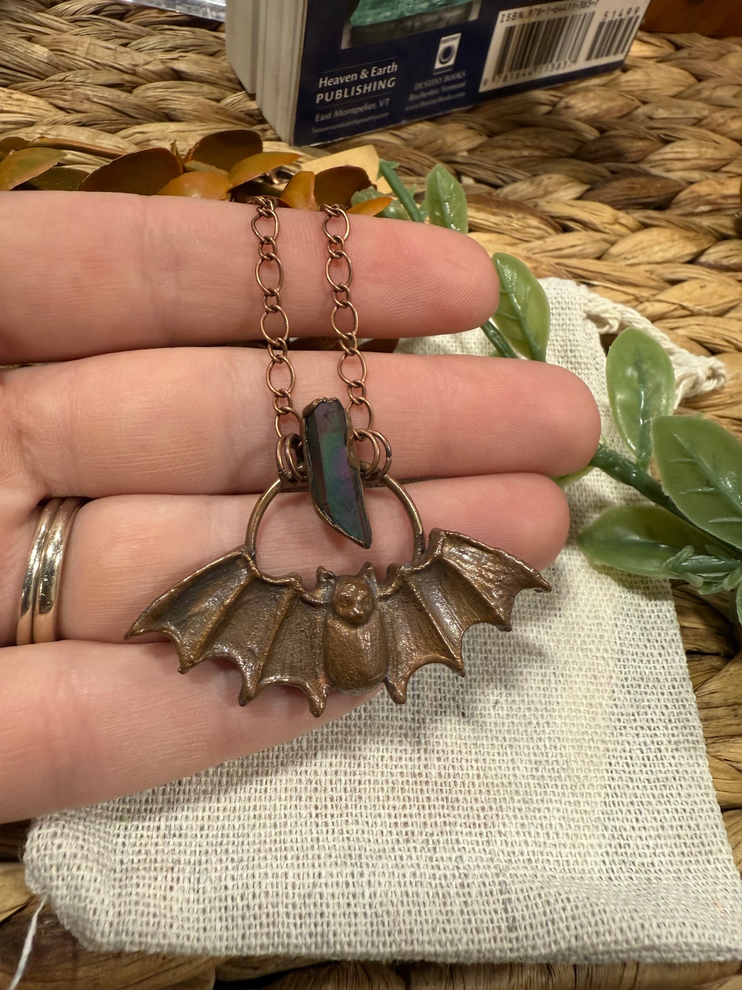 Electroformed Copper Bat with Aura Quartz Necklace