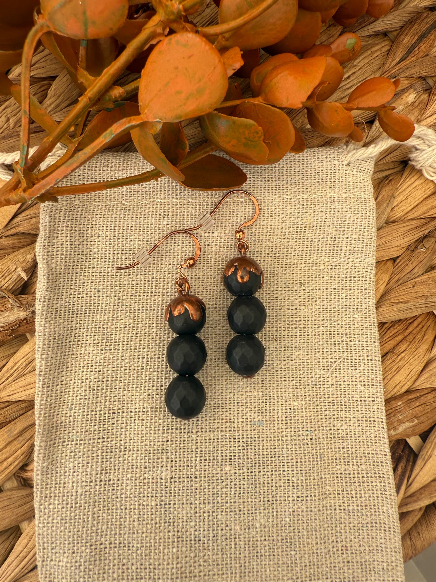 Electroformed Copper Black Bead Stack Earrings