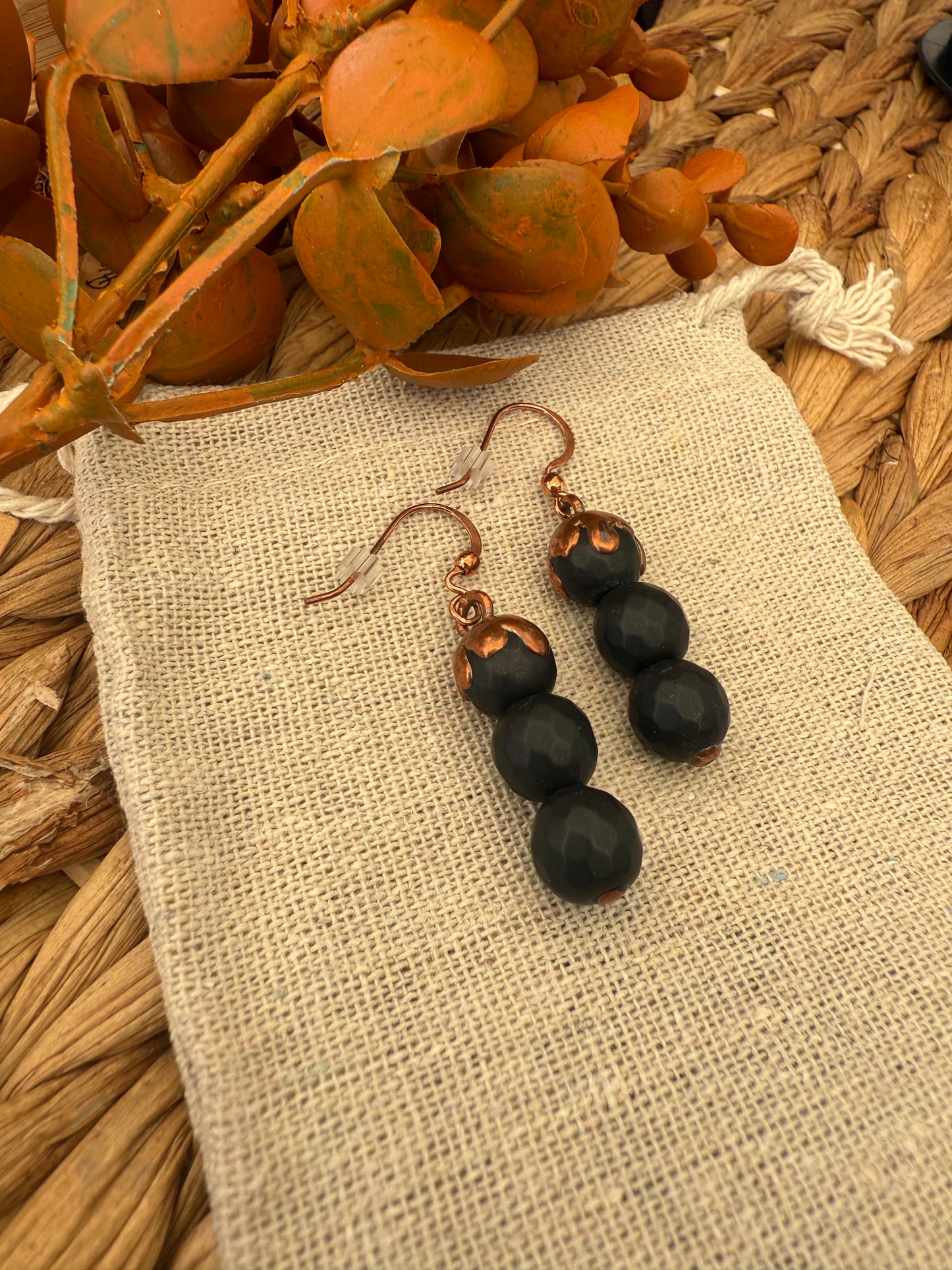 Electroformed Copper Black Bead Stack Earrings