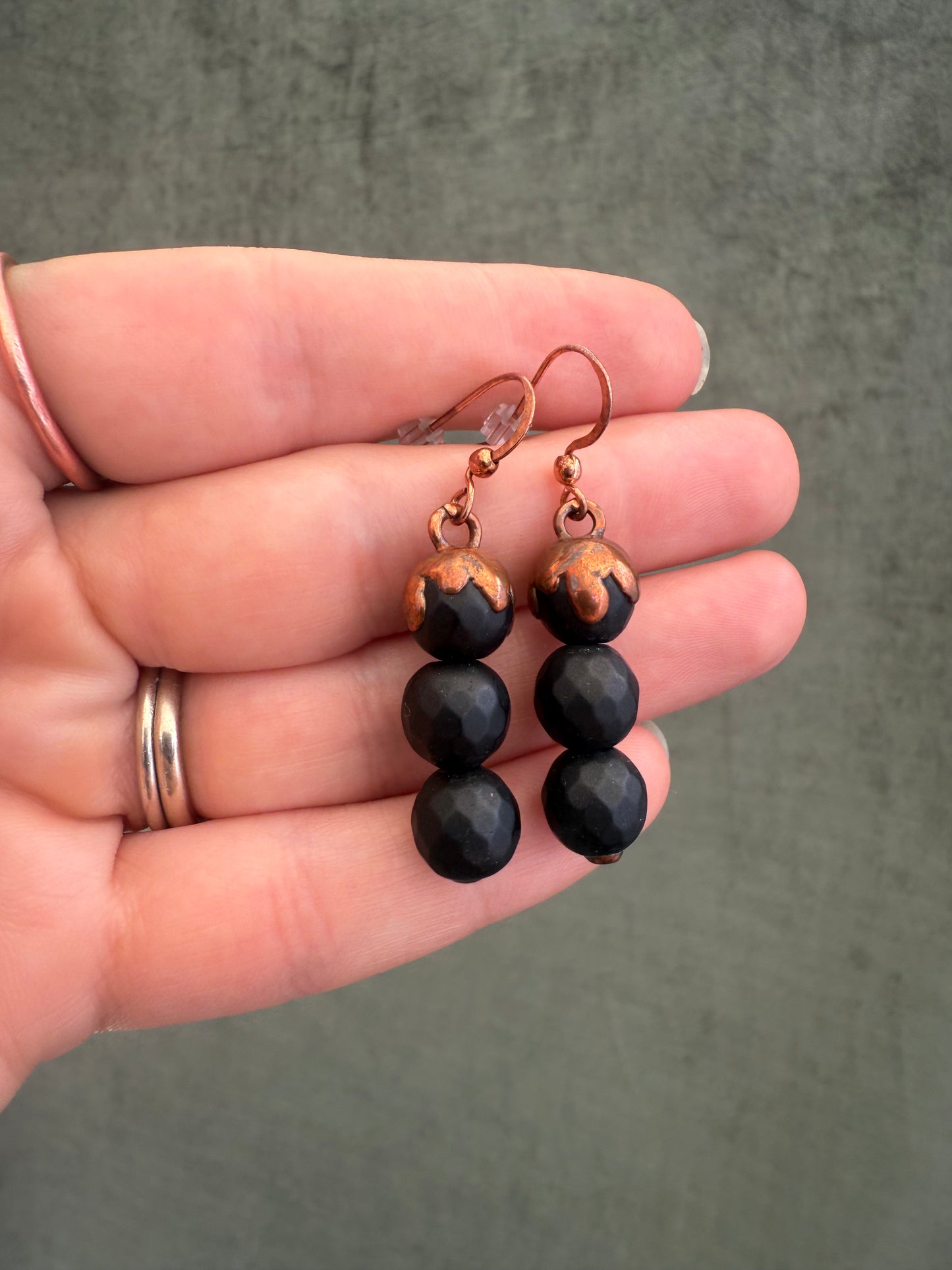 Electroformed Copper Black Bead Stack Earrings