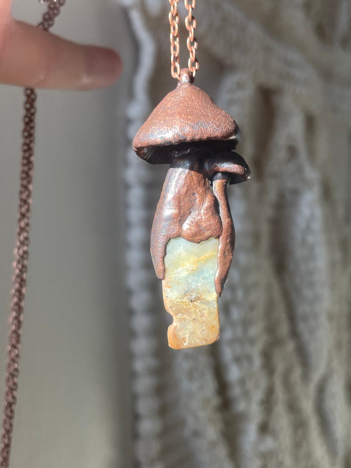 Electroformed Copper Mushroom Duo with Amazonite Stone Stem Necklace