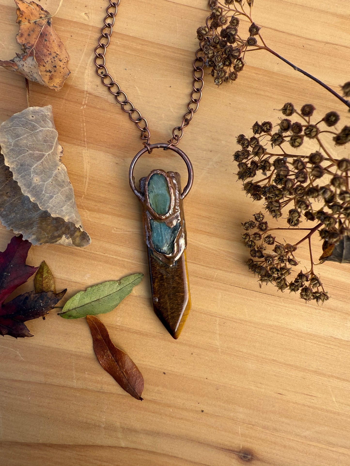Electroformed Copper Tigers Eye, Kyanite and Labradorite Necklace