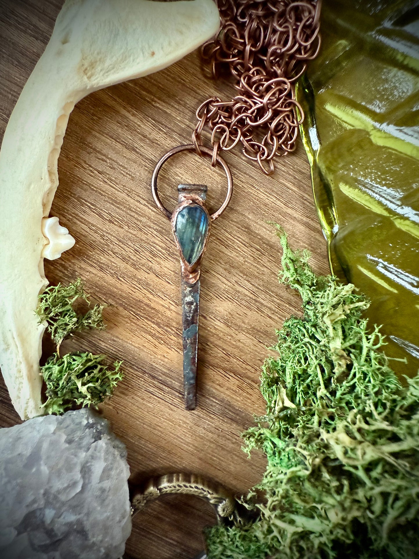 Coffin Nail Amulet with Labradorite Tear Drop