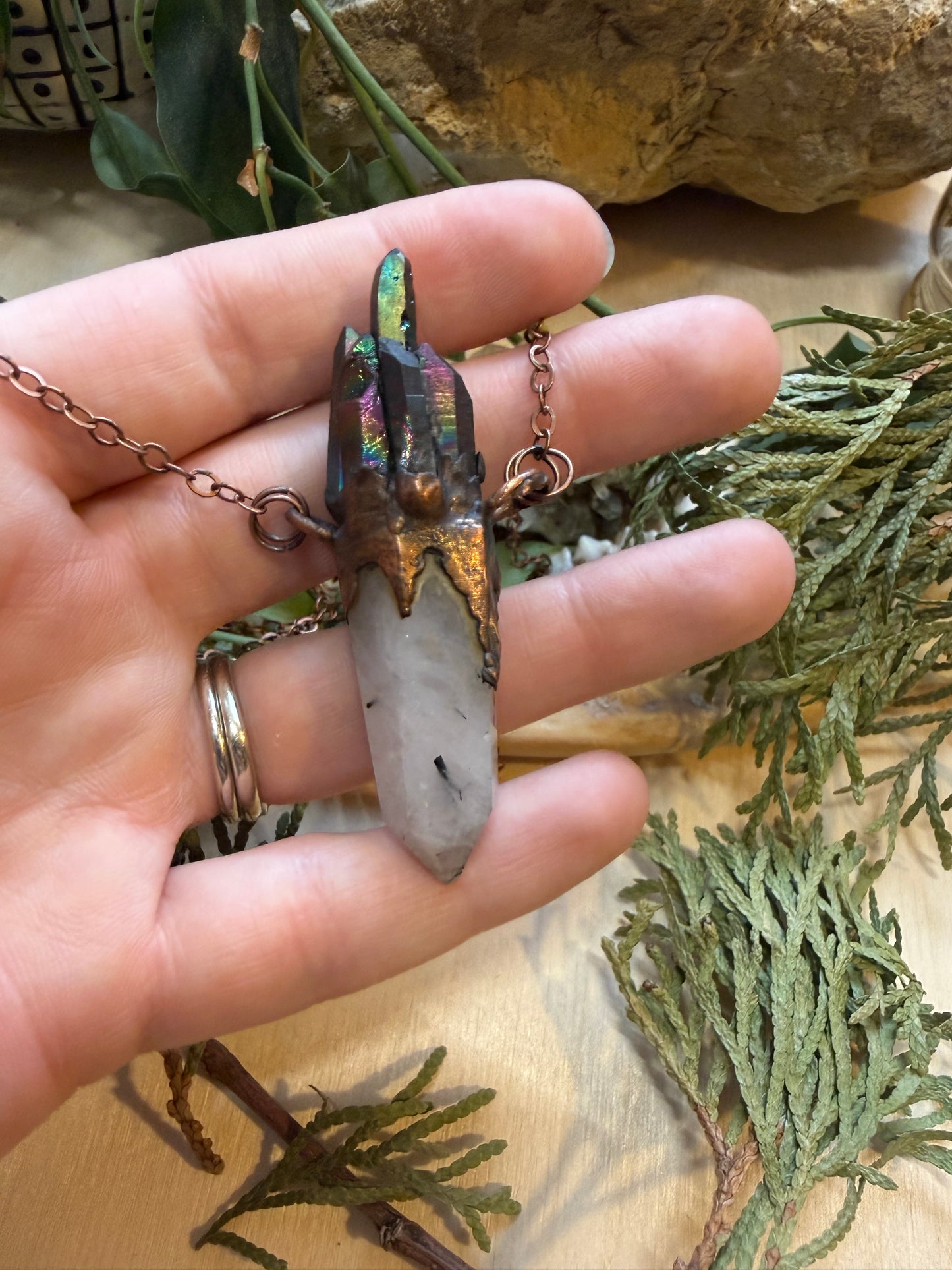 Electroformed Aura Quartz/ Rutilated Quartz Amulet Necklace