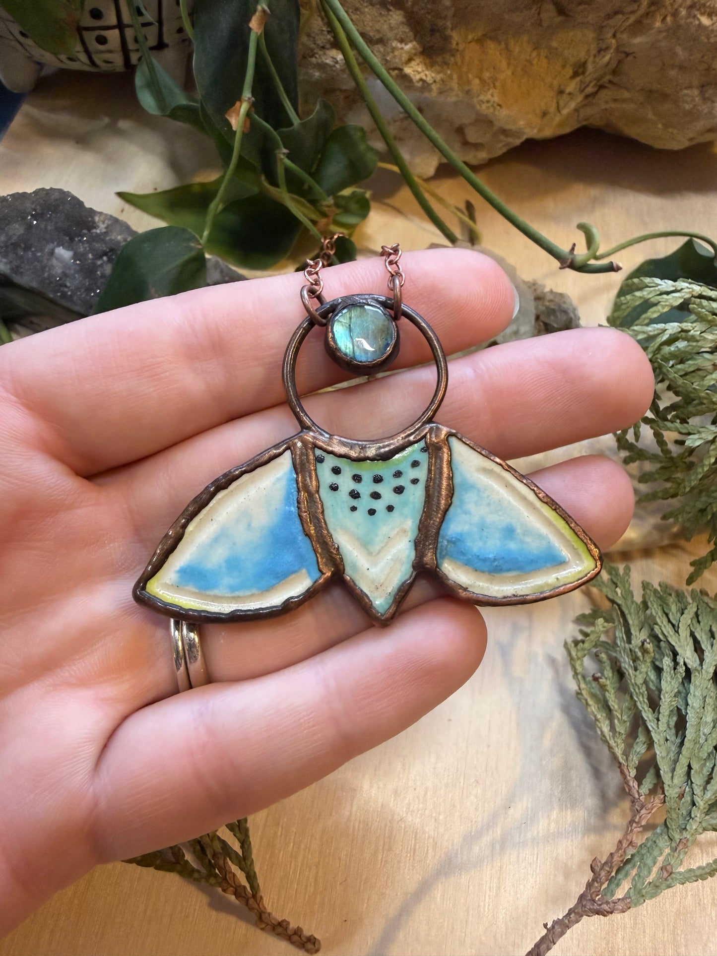 Electroformed Blue Moth and Labradorite Copper Necklace