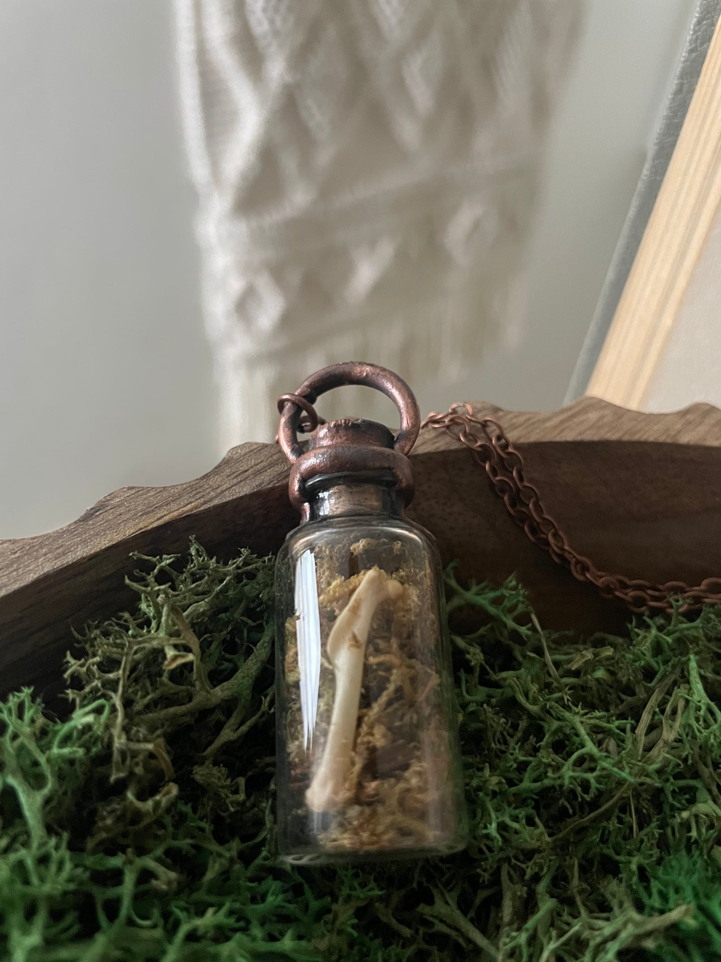 Electroformed Copper Cap Moss and Bone Vial Necklace