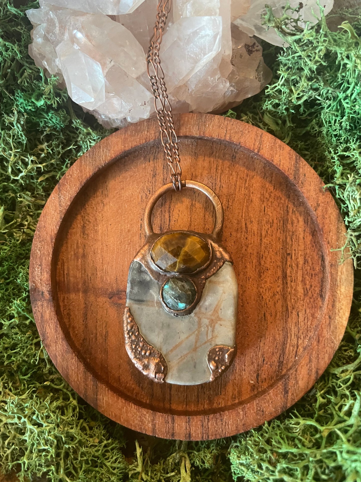 Electroformed Copper Tiger Eye Labradorite and Network Jasper Necklace
