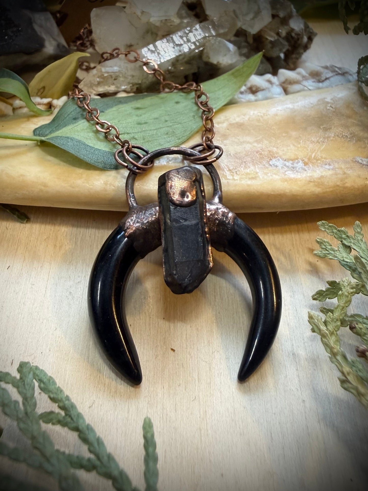 Electroformed Copper Obsidian Horn with Quartz Necklace