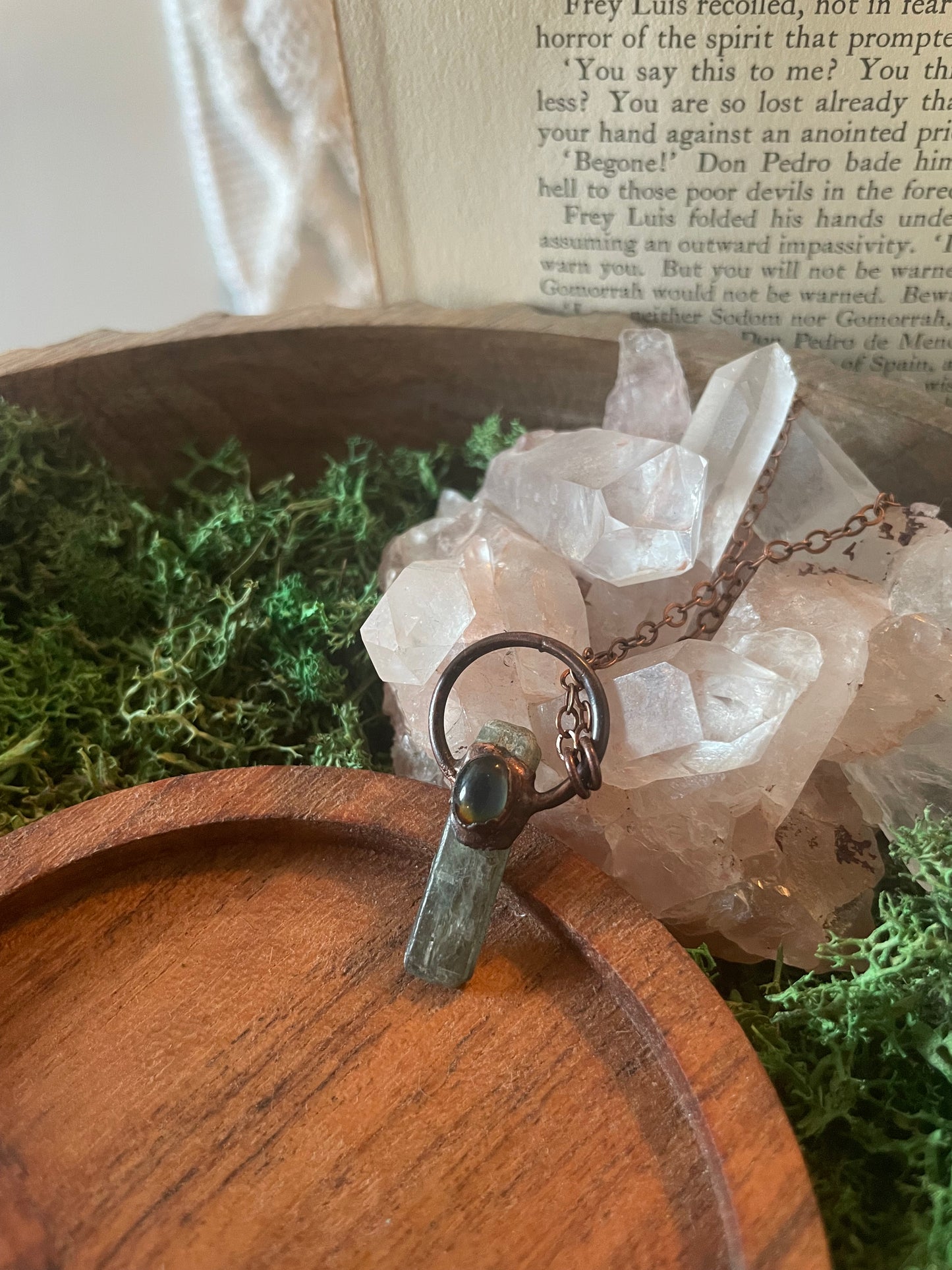 Electroformed Copper Mood stone and Green Kyanite Necklace