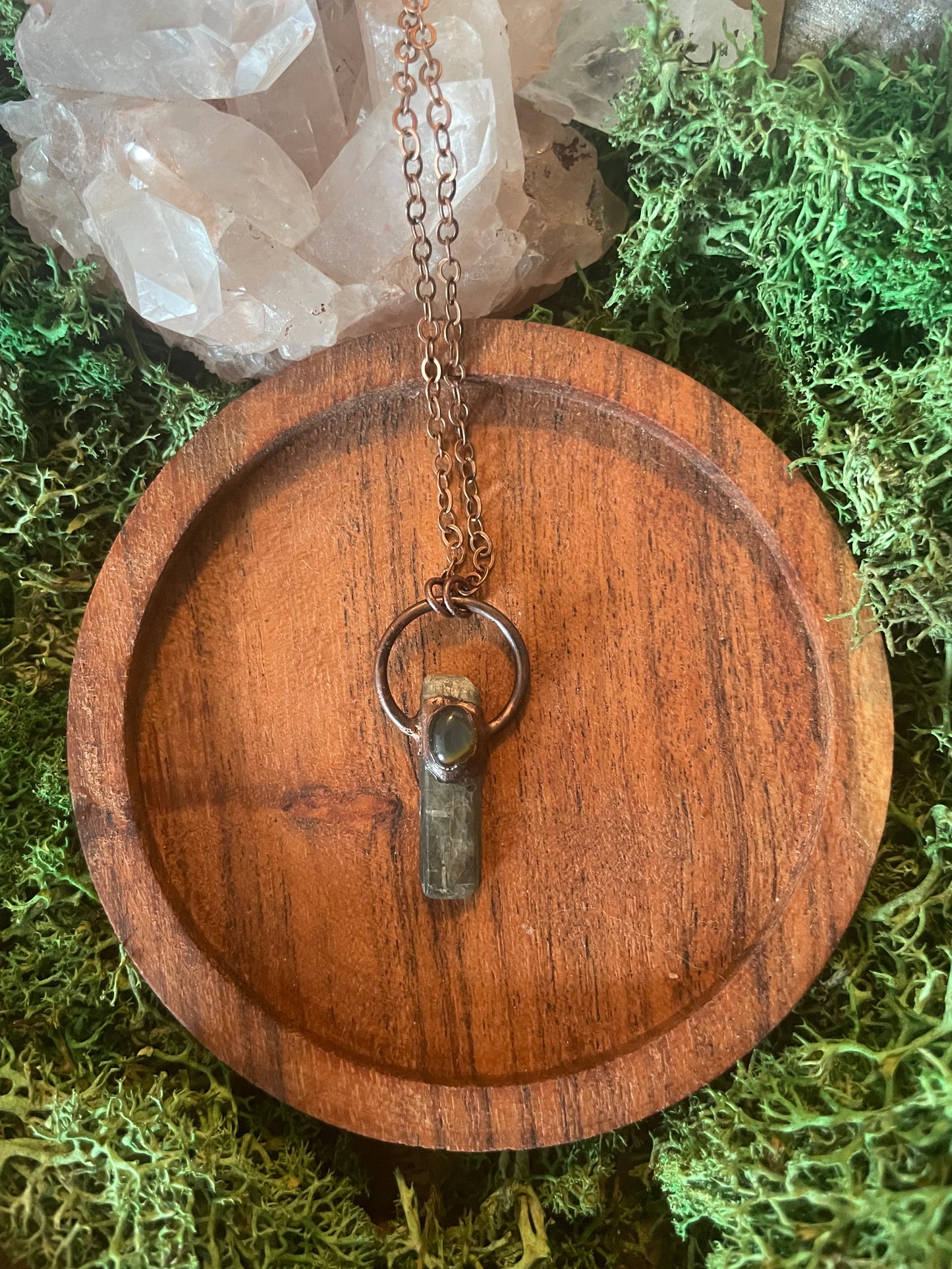 Electroformed Copper Mood stone and Green Kyanite Necklace