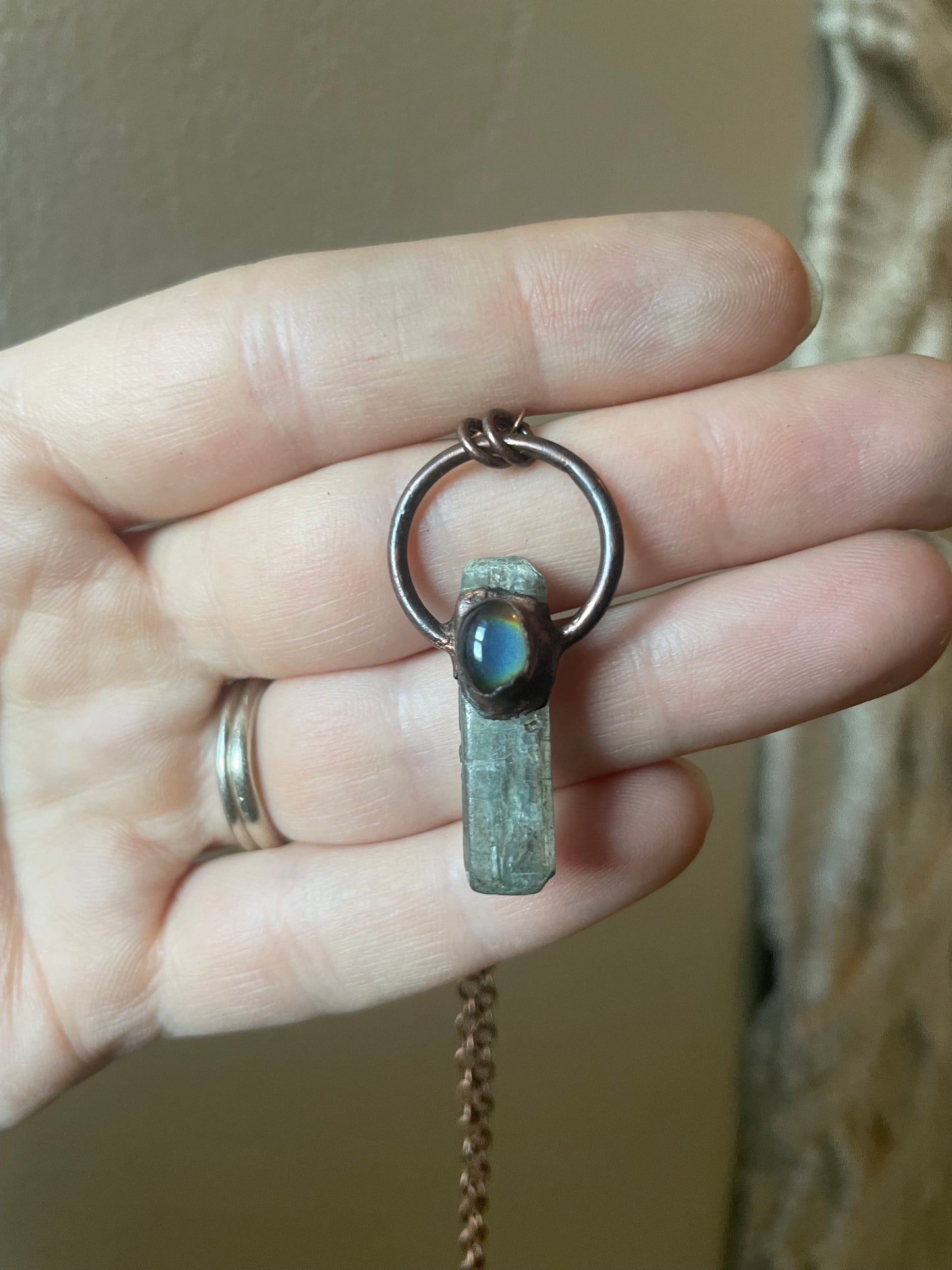Electroformed Copper Mood stone and Green Kyanite Necklace