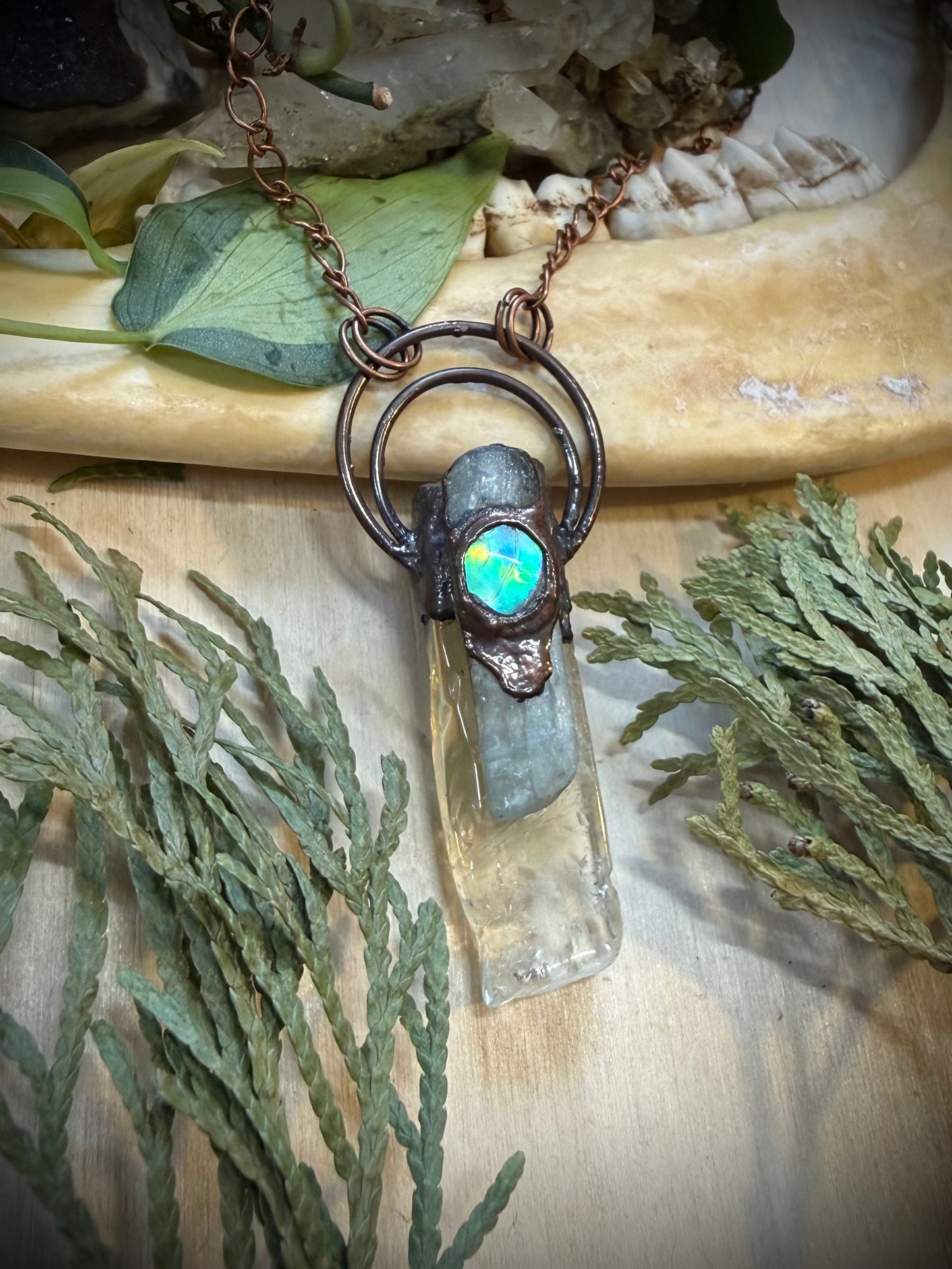 Electroformed Copper Citrine, Kyanite and Abalone Shell Necklace