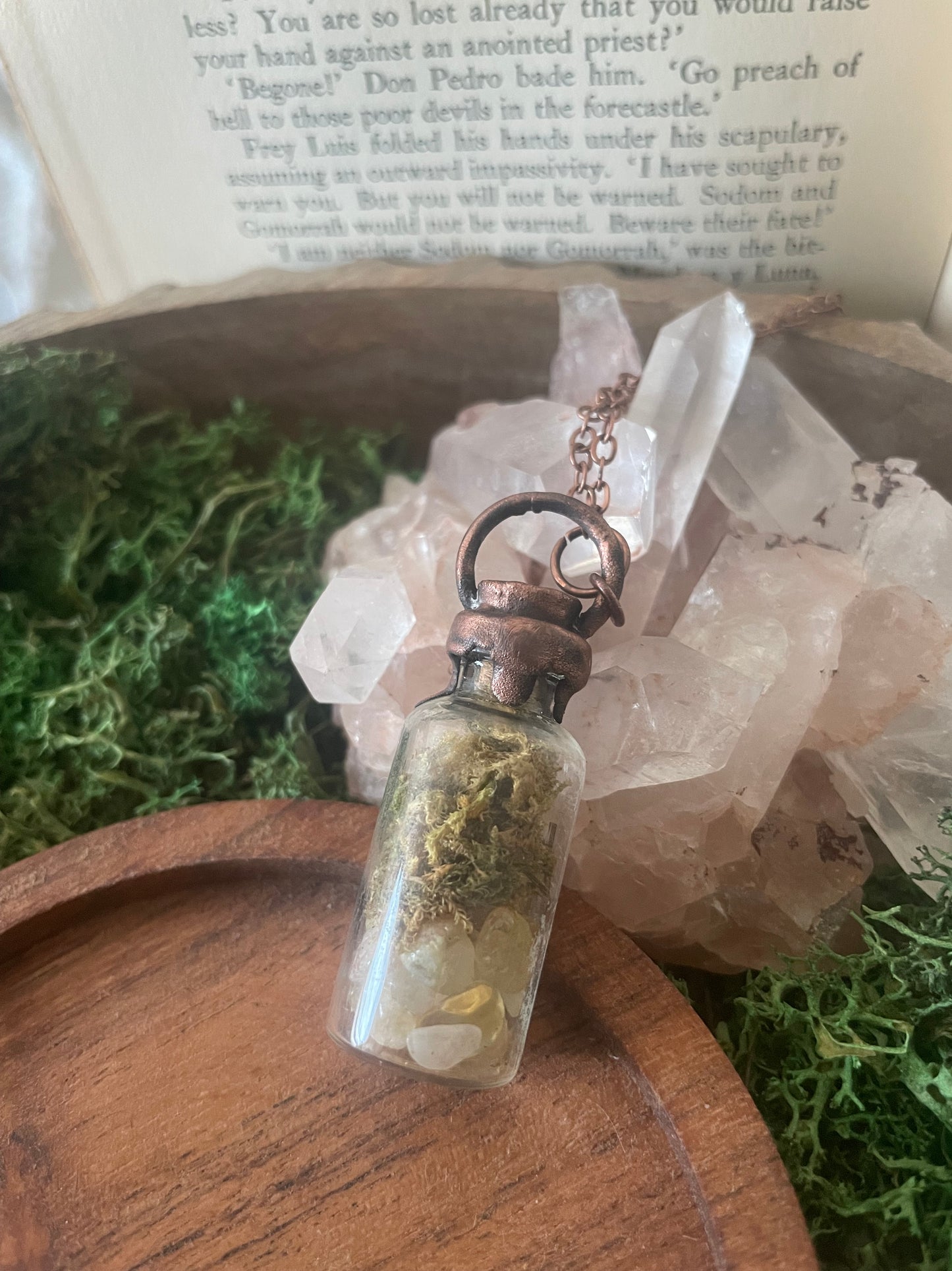 Electroformed Copper Moss & Citrine Glass Vial Necklace