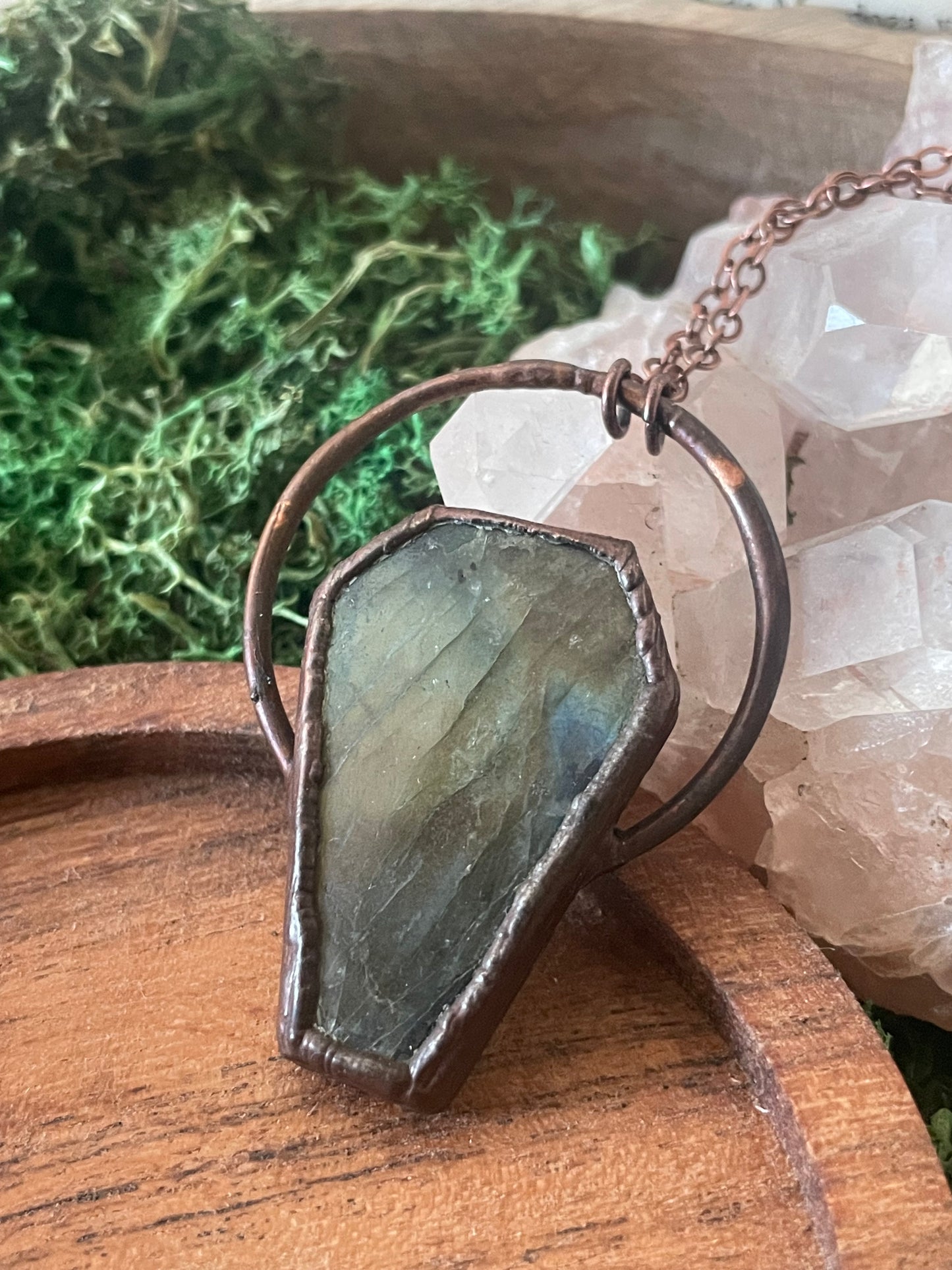 Electroformed Copper Coffin Shaped Labradorite Necklace