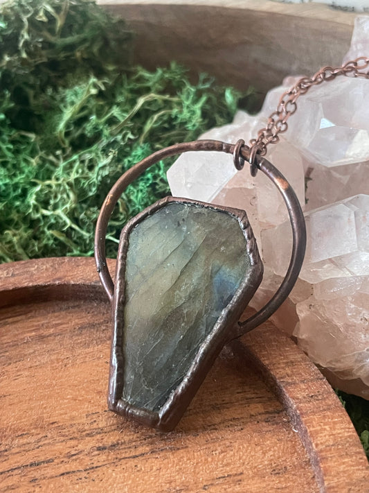Electroformed Copper Coffin Shaped Labradorite Necklace