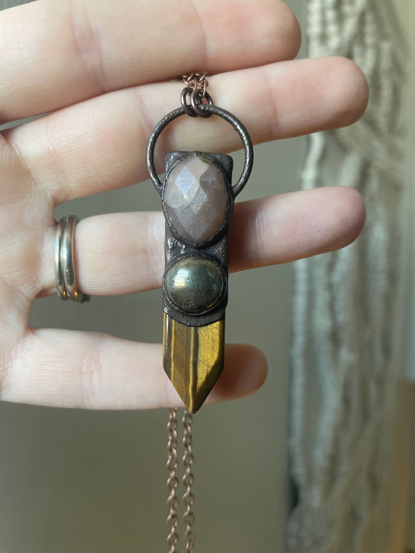 Electroformed Copper Layered Stone Tiger Eye Necklace