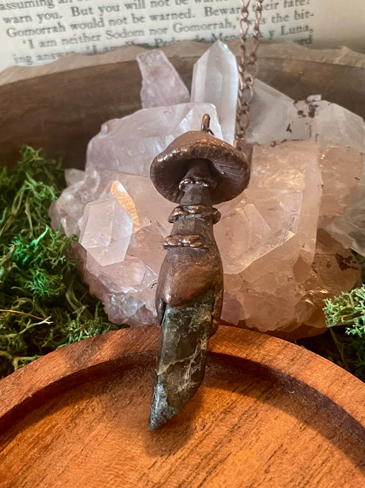 Electroformed Copper Mushroom and Labradorite Stone Necklace