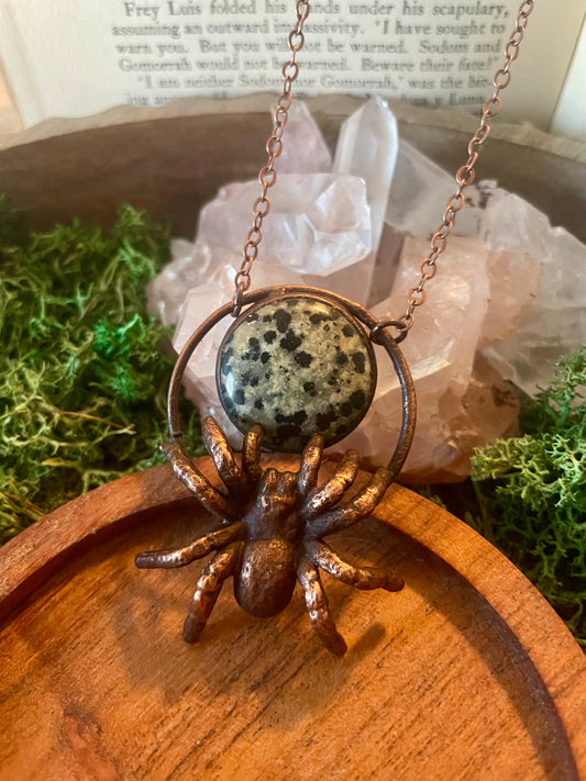 Electroformed Copper Spider and Dalmation Jasper Stone Necklace