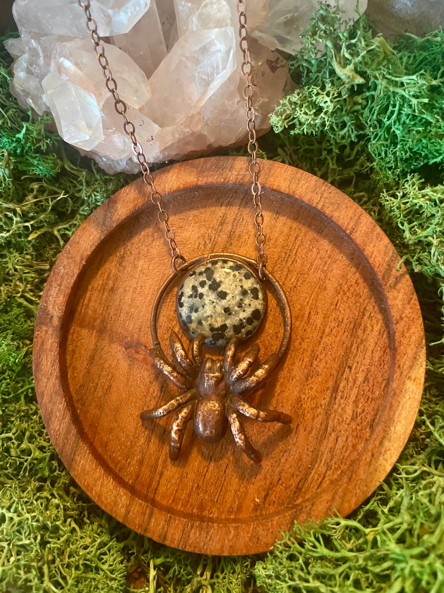 Electroformed Copper Spider and Dalmation Jasper Stone Necklace