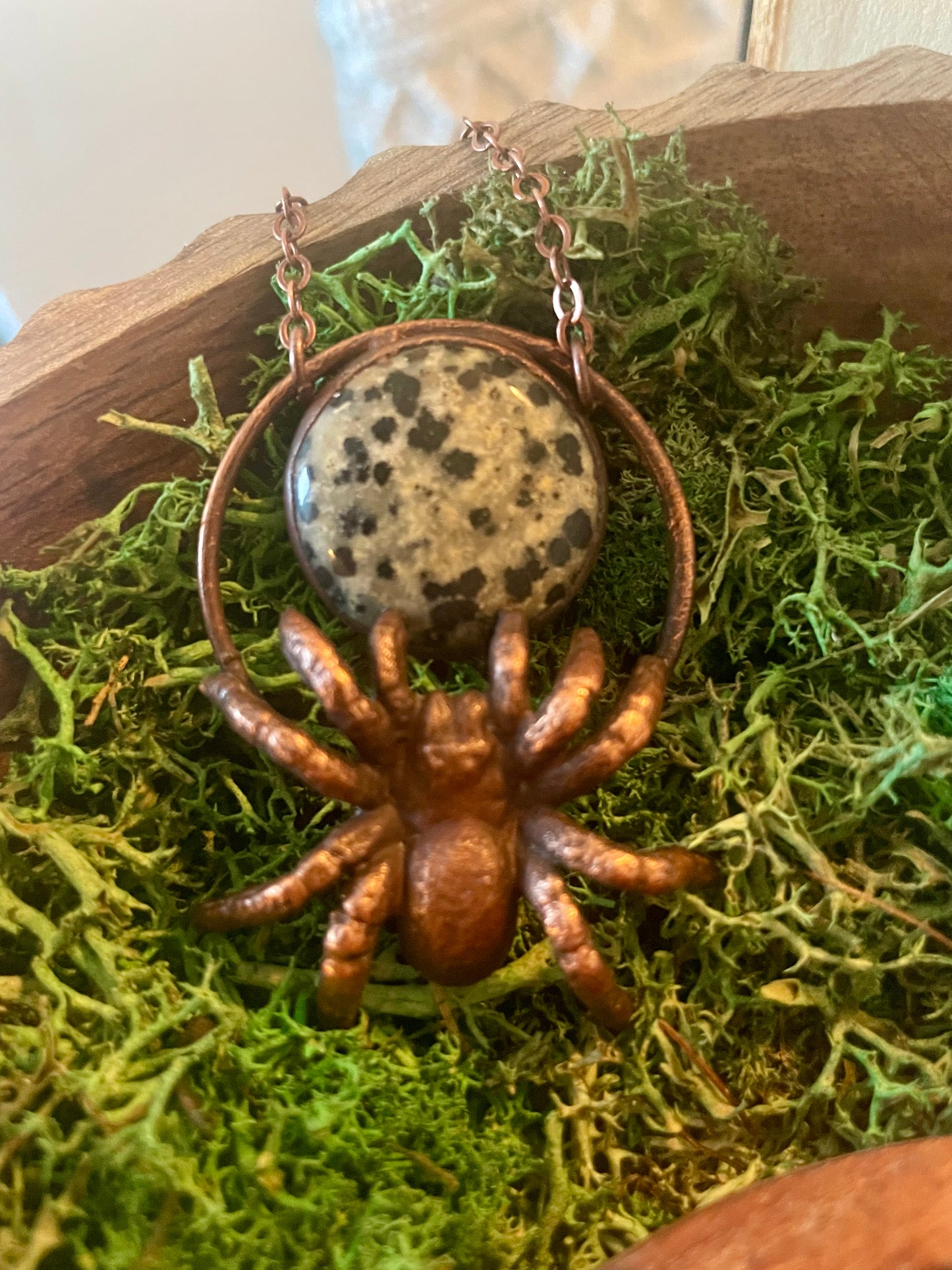 Electroformed Copper Spider and Dalmation Jasper Stone Necklace