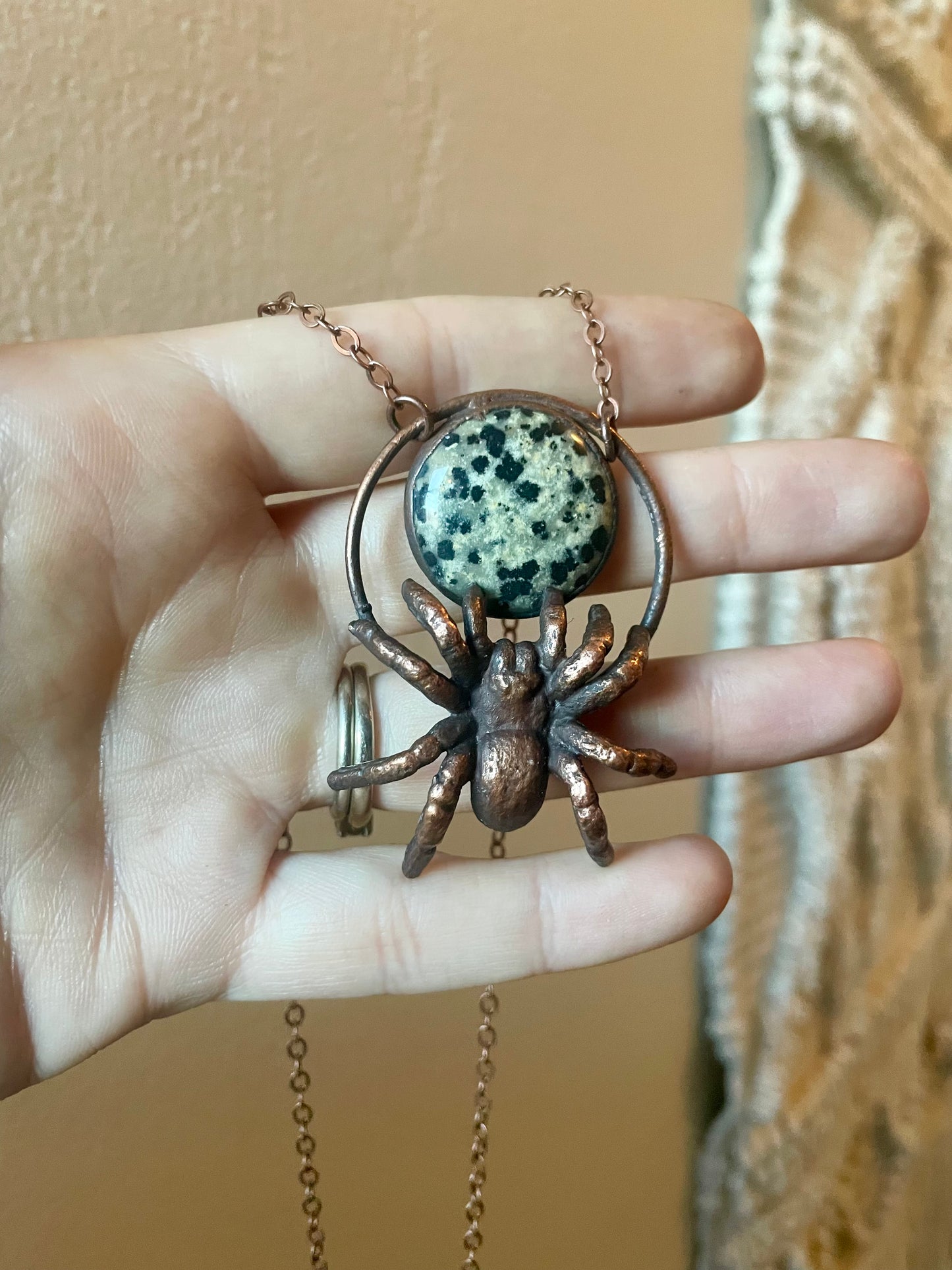 Electroformed Copper Spider and Dalmation Jasper Stone Necklace