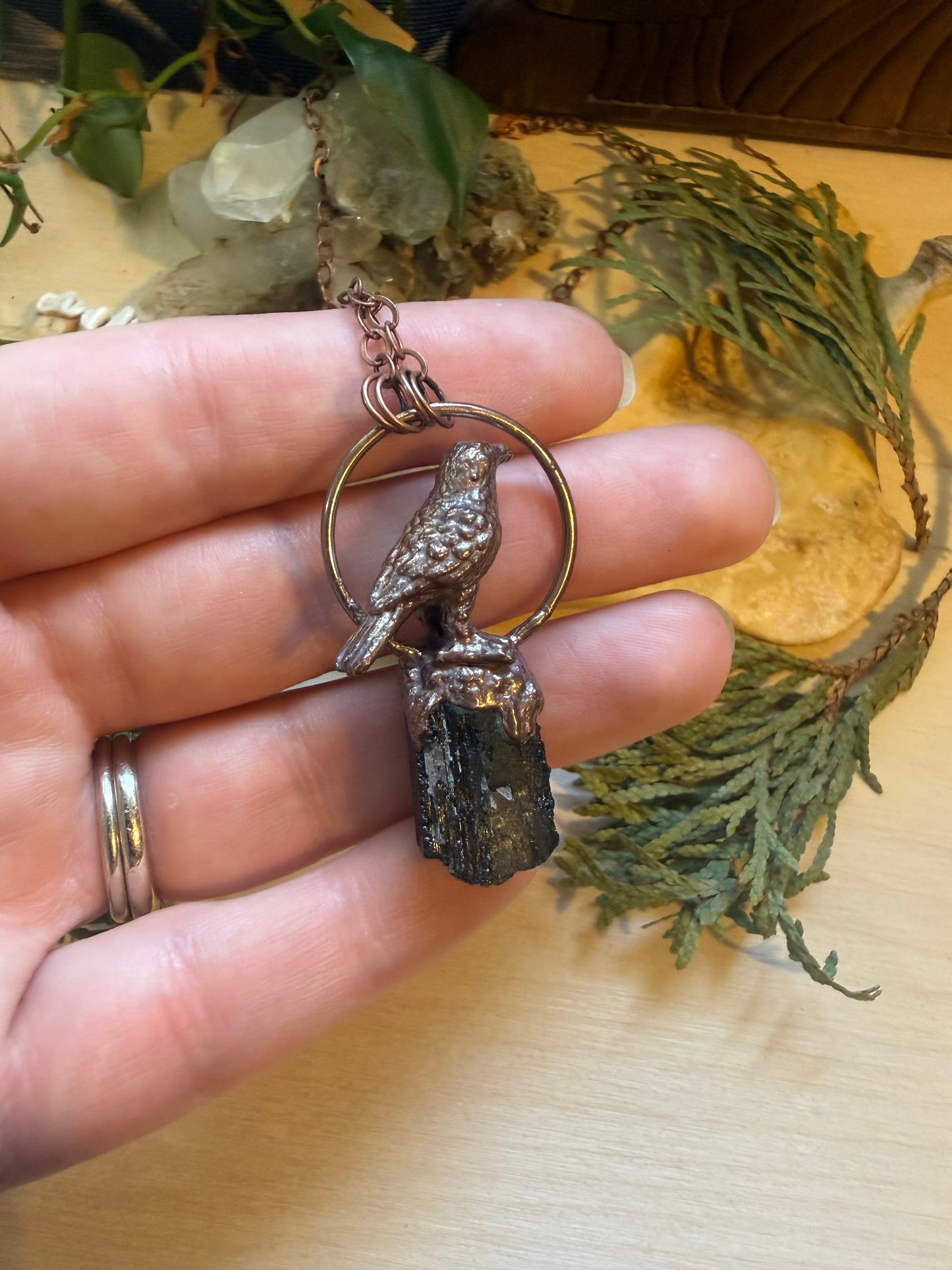Electroformed Copper Raven on Black Tourmaline