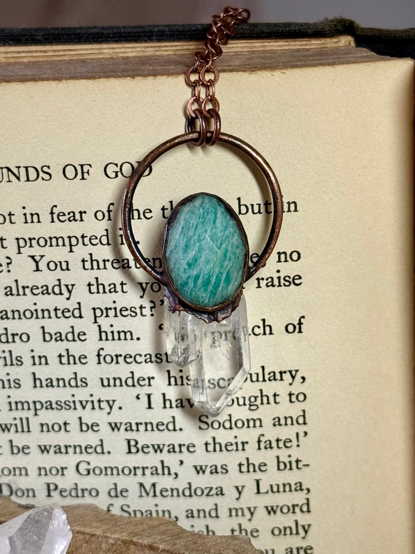 Electroformed Copper Amazonite and Quartz Crystal Necklace