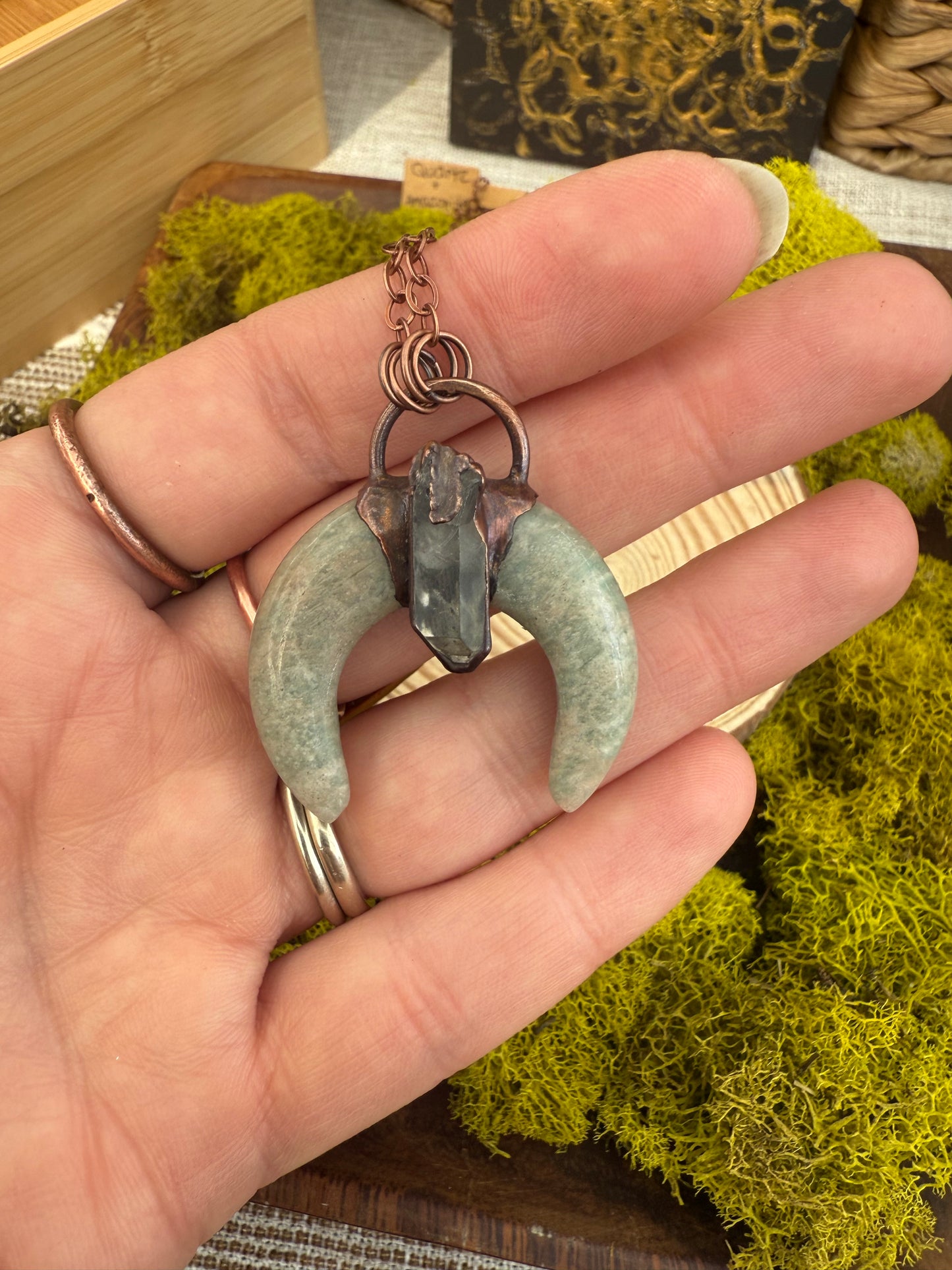 Electroformed Copper Amazonite Horn with Quartz Necklace