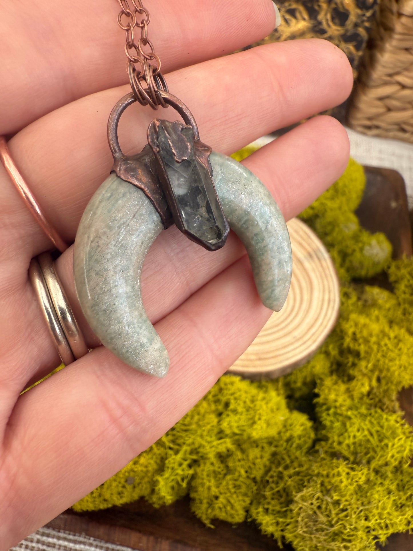 Electroformed Copper Amazonite Horn with Quartz Necklace