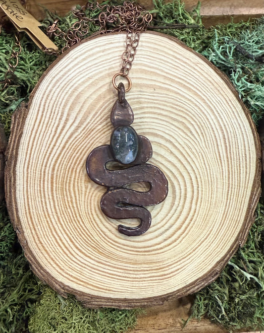 Electroformed Snake with Moss Agate Necklace