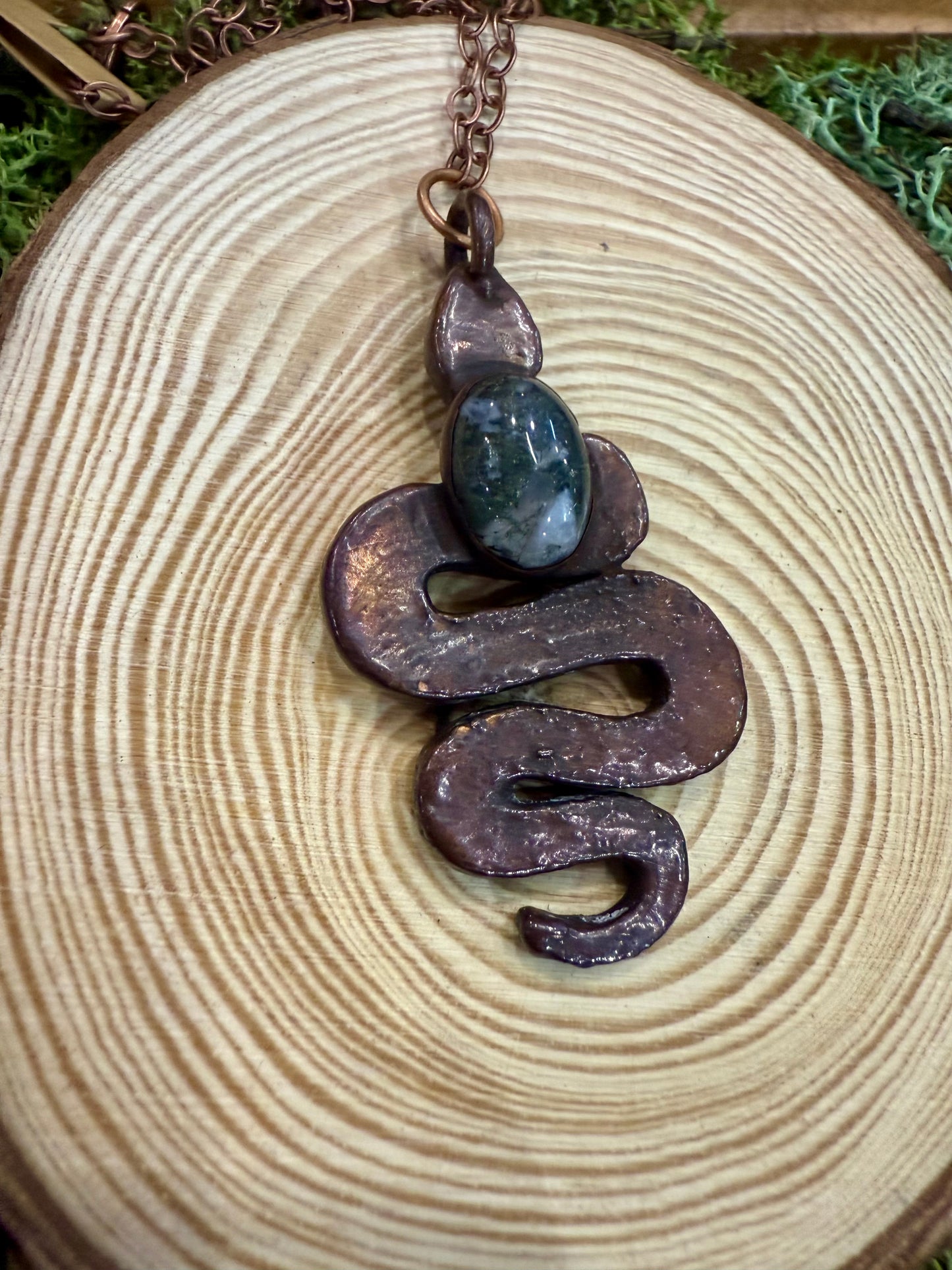 Electroformed Snake with Moss Agate Necklace