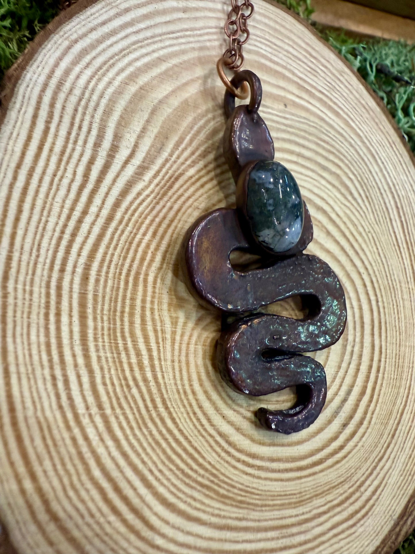 Electroformed Snake with Moss Agate Necklace