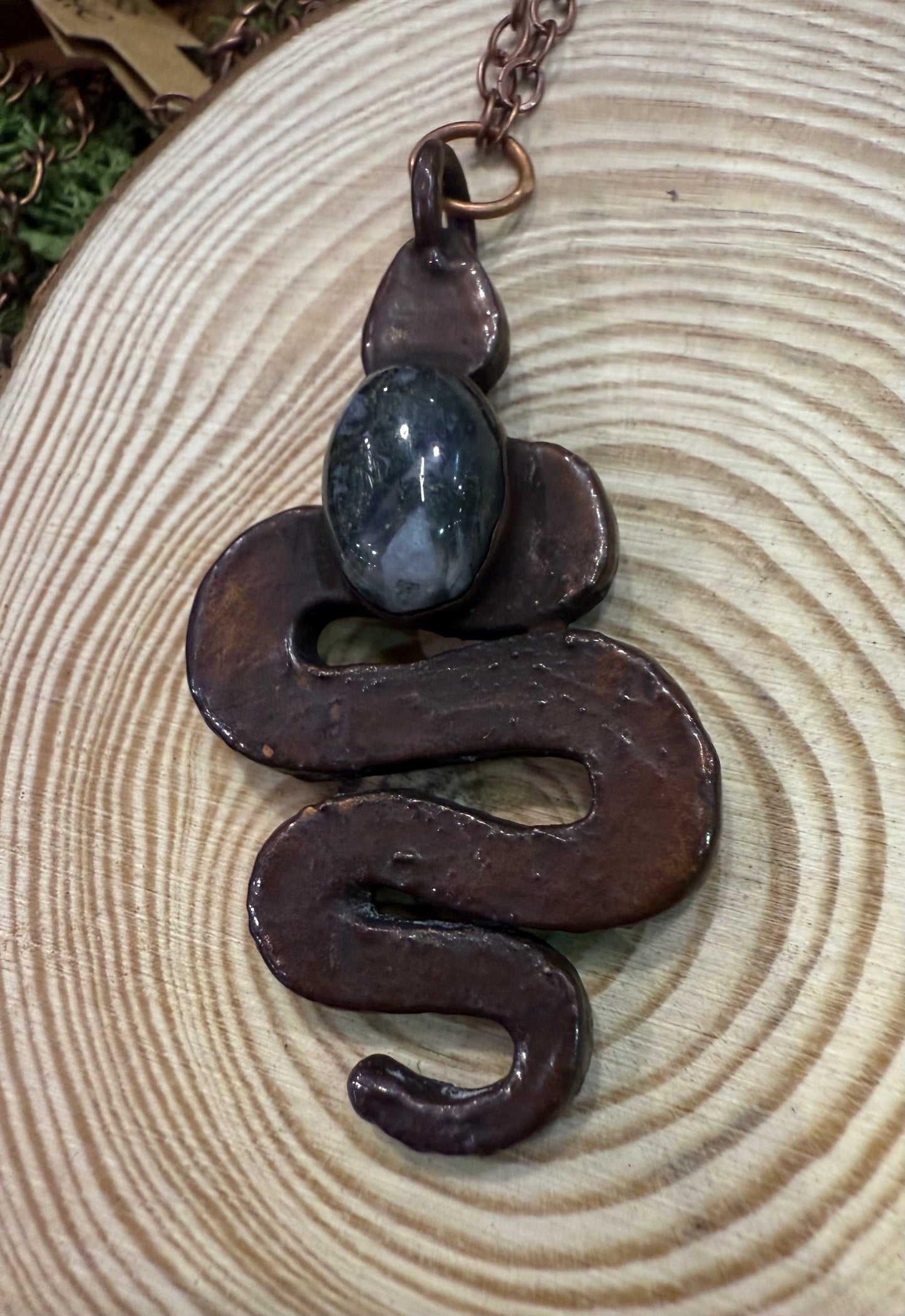 Electroformed Snake with Moss Agate Necklace