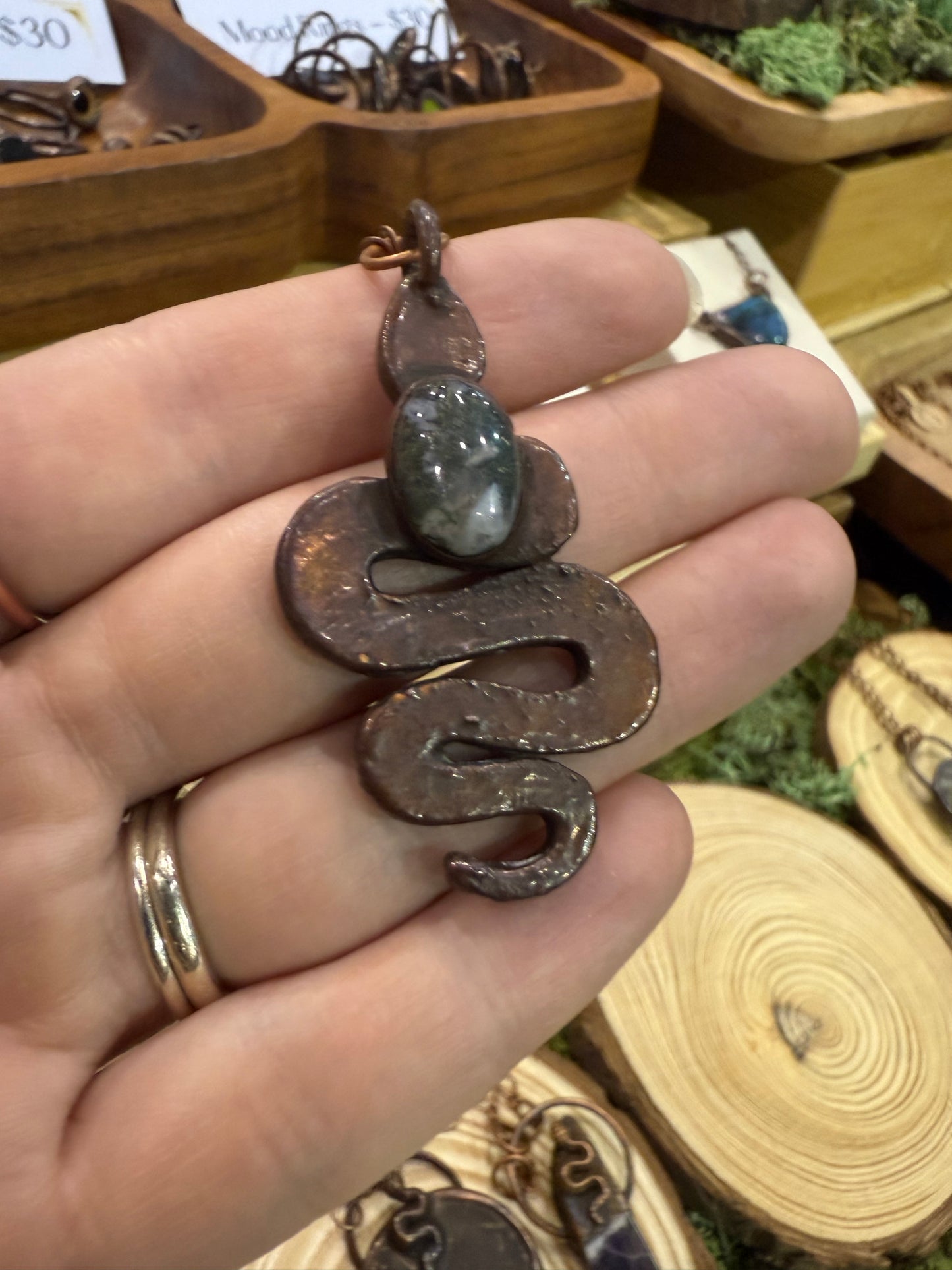 Electroformed Snake with Moss Agate Necklace