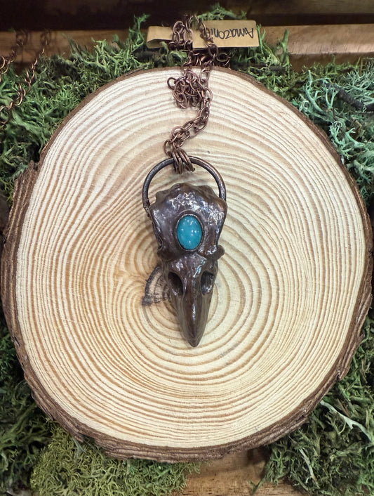 Electroformed Copper Raven Skull with Amazonite Necklace