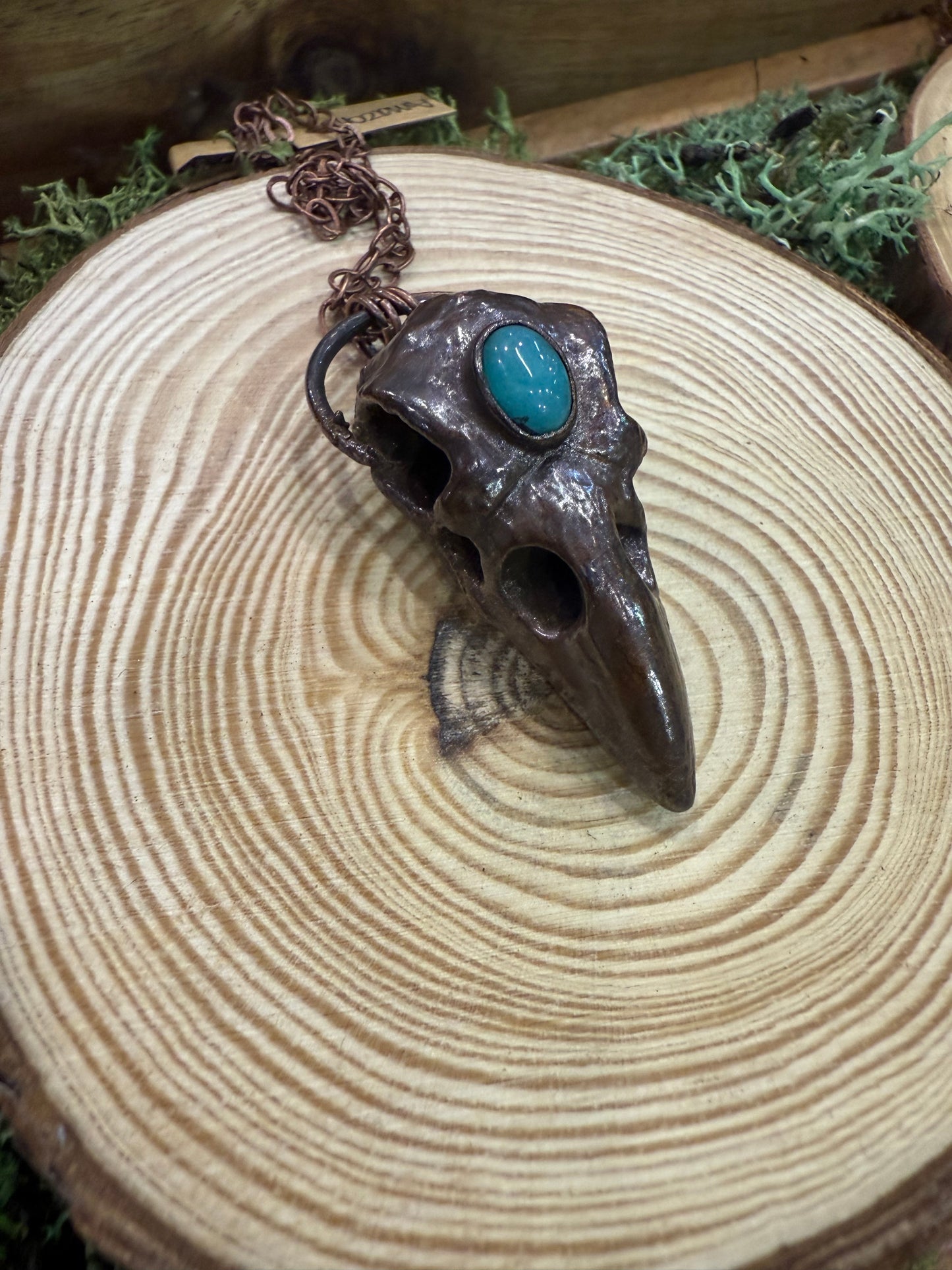 Electroformed Copper Raven Skull with Amazonite Necklace