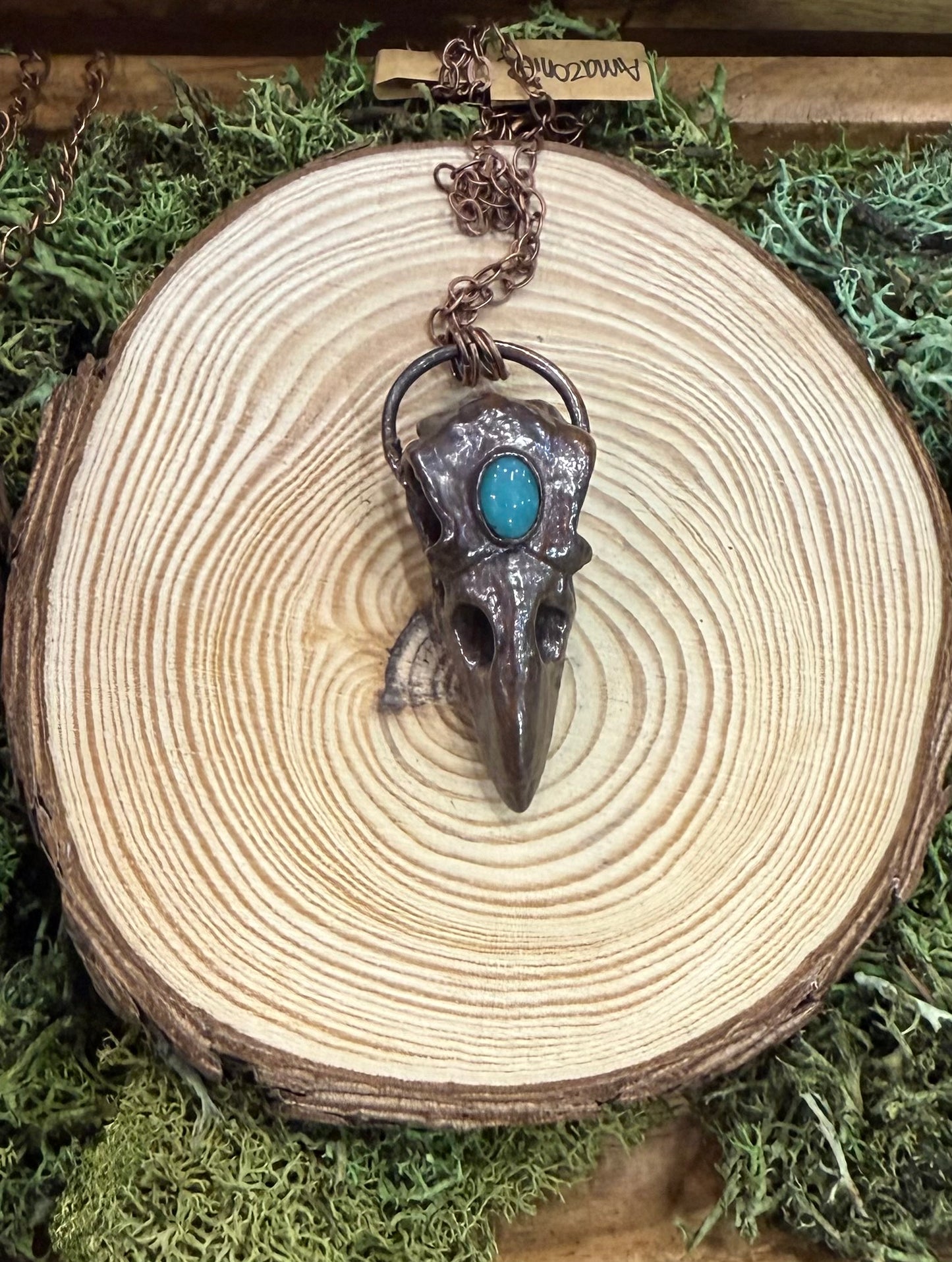 Electroformed Copper Raven Skull with Amazonite Necklace