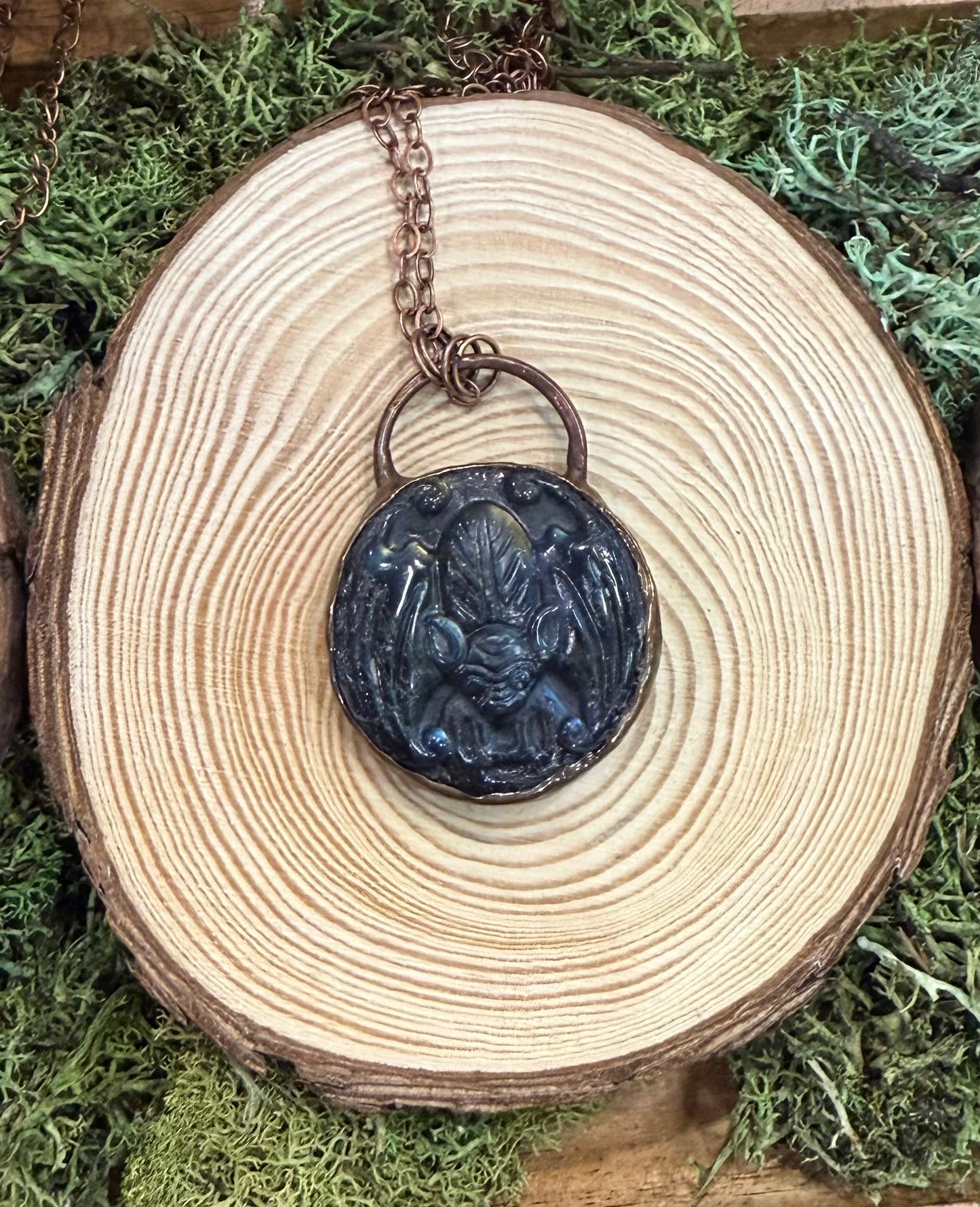 Electroformed Carved Labradorite Bat Necklace