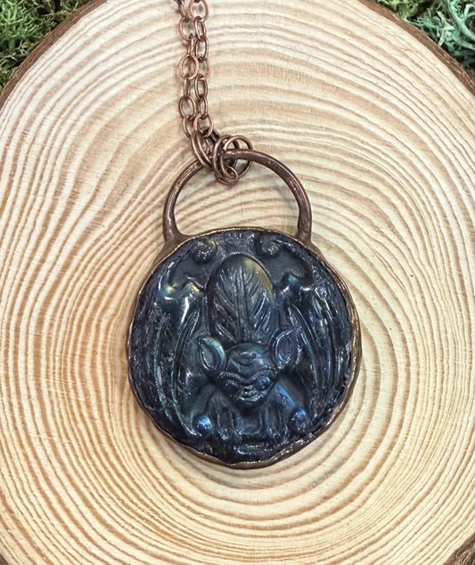 Electroformed Carved Labradorite Bat Necklace