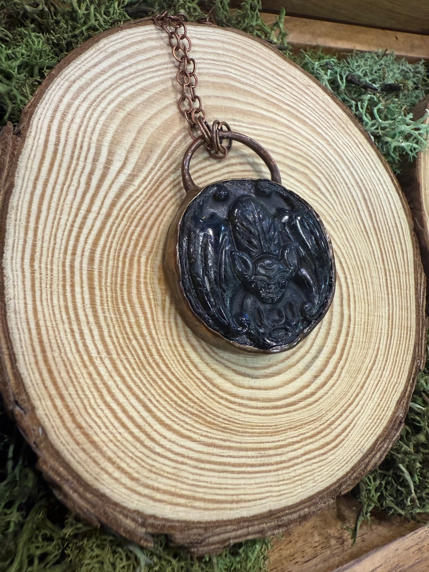 Electroformed Carved Labradorite Bat Necklace
